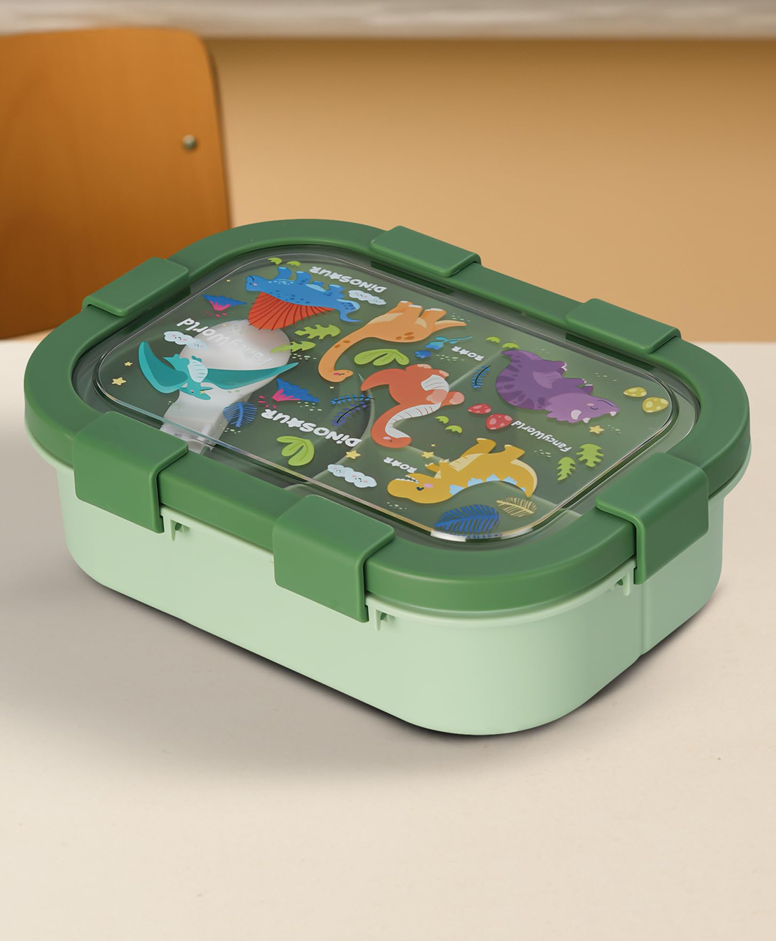 BAYBEE Unicorn Kids Lunch Box with 4 Compartments & Sauce Container | BPA-Free Airtight Bento Box 1000ml + 250ml with 6-Side Locking System | Hot Food Tiffin Box for School Kids Boys, Girls (Green)-image-2