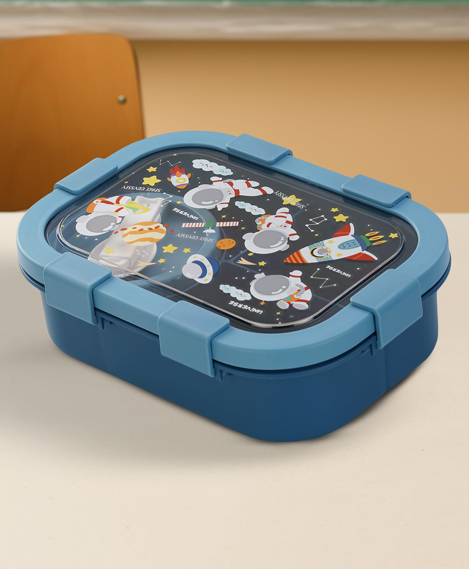 BAYBEE Unicorn Kids Lunch Box with 4 Compartments & Sauce Container | BPA-Free Airtight Bento Box 1000ml + 250ml with 6-Side Locking System | Hot Food Tiffin Box for School Kids Boys, Girls (Blue)-image-40