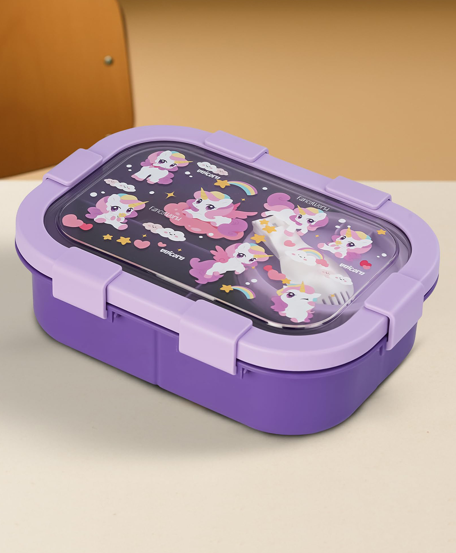 BAYBEE Unicorn Kids Lunch Box with 4 Compartments & Sauce Container | BPA-Free Airtight Bento Box 1000ml + 250ml with 6-Side Locking System | Hot Food Tiffin Box for School Kids Boys, Girls (Purple)-image-41