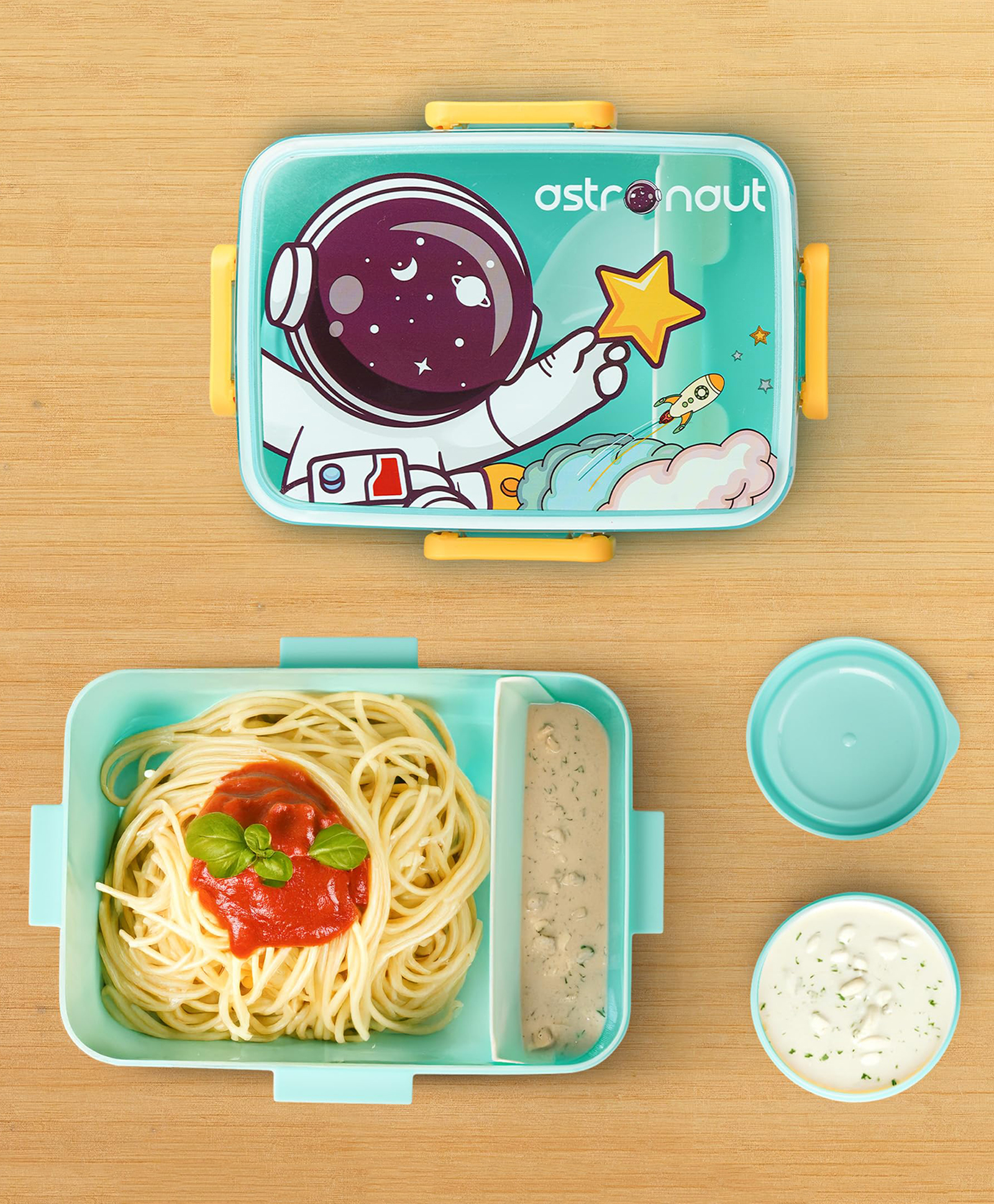 Baybee Astrobit Kids Lunch Box 600ml With Spoon | Cute Astronaut Design Leak-Proof Tiffin Box with 2 Compartments & Sauce Container | BPA-Free Durable Lunchbox for School, Travel,Snacks & Meals(Green)-image-42