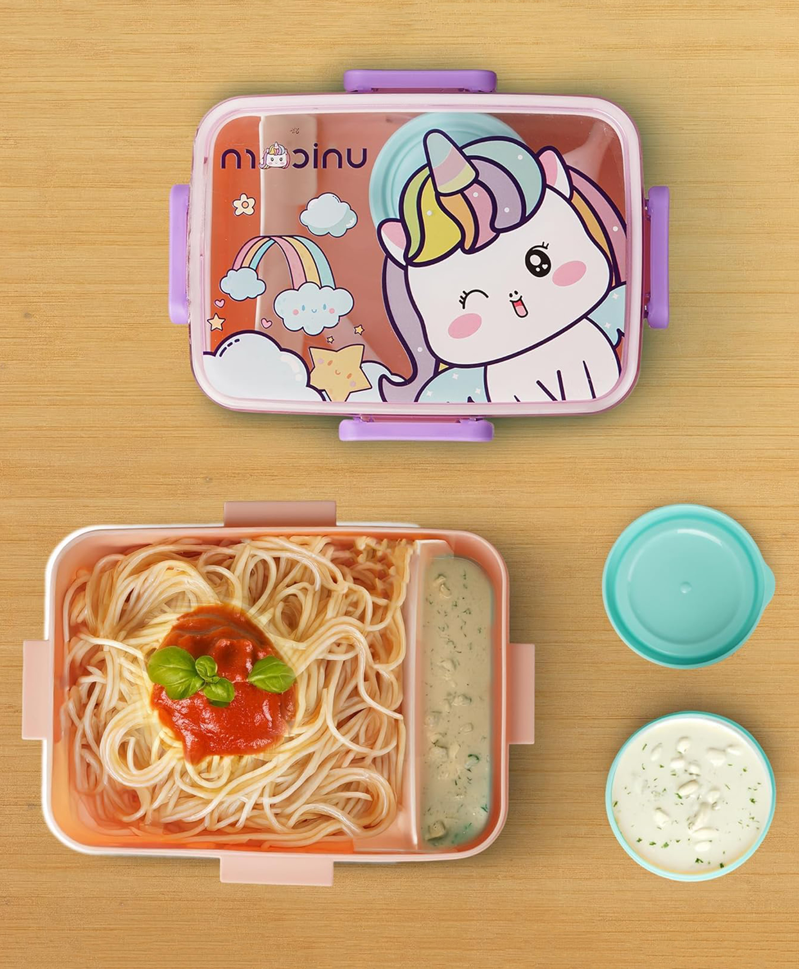 Baybee Astrobit Kids Lunch Box 600ml With Spoon | Cute Unicorn Design Leak-Proof Tiffin Box with 2 Compartments & Sauce Container | BPA-Free Durable Lunchbox for School, Travel,Snacks & Meals (Purple)-image-43