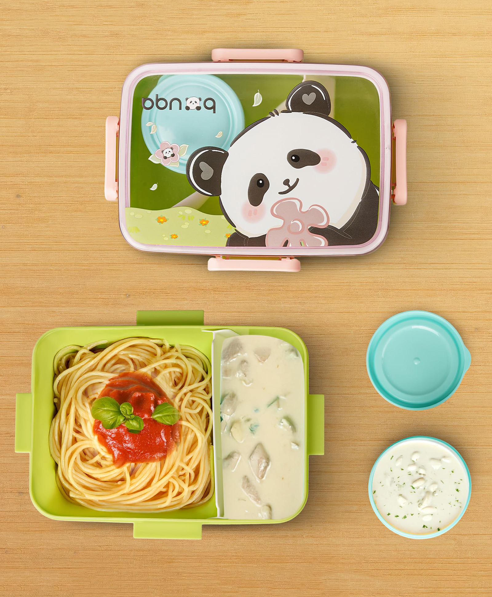 BAYBEE Astrobit Kids Lunch Box 600ml with Spoon | Cute Panda Design Leak-Proof Tiffin Box with 2 Compartments & Sauce Container | BPA-Free Durable Lunchbox for School, Travel, Snacks & Meals (Pink)-picture-6
