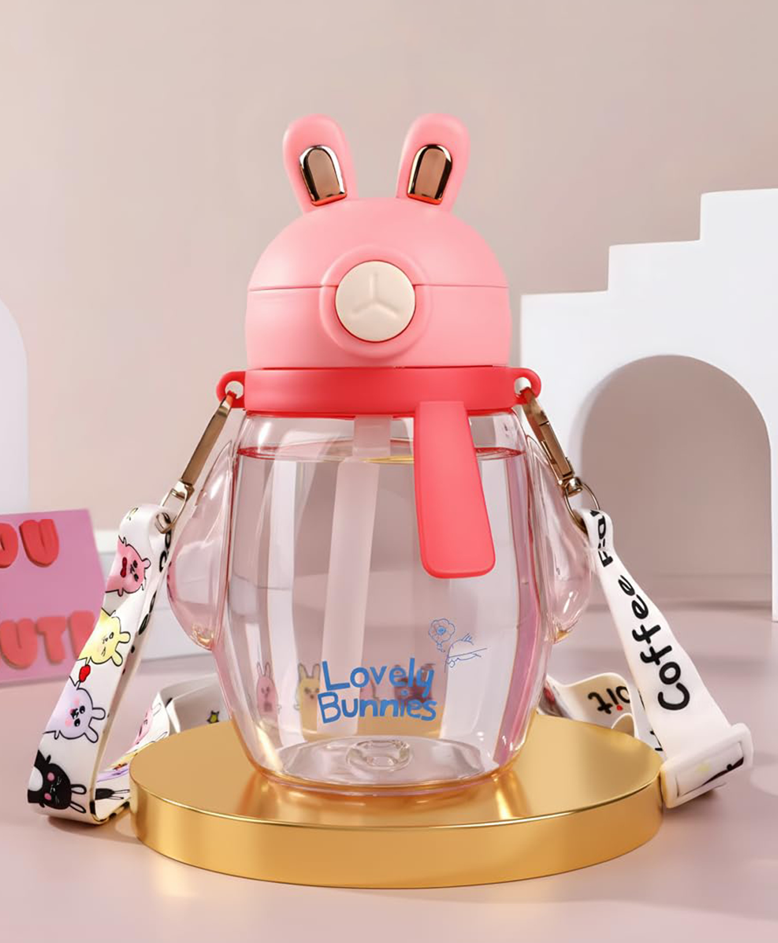 Baybee Lovely Bunnies Kids Water Bottle 600ml | BPA Free & Leakproof Safe Sipper Bottle with Straw | Cute Rabbit Design Smooth Sipping with Handle & Neck Strap, Flip Lid for School Kids & Babys (Pink)-image-41