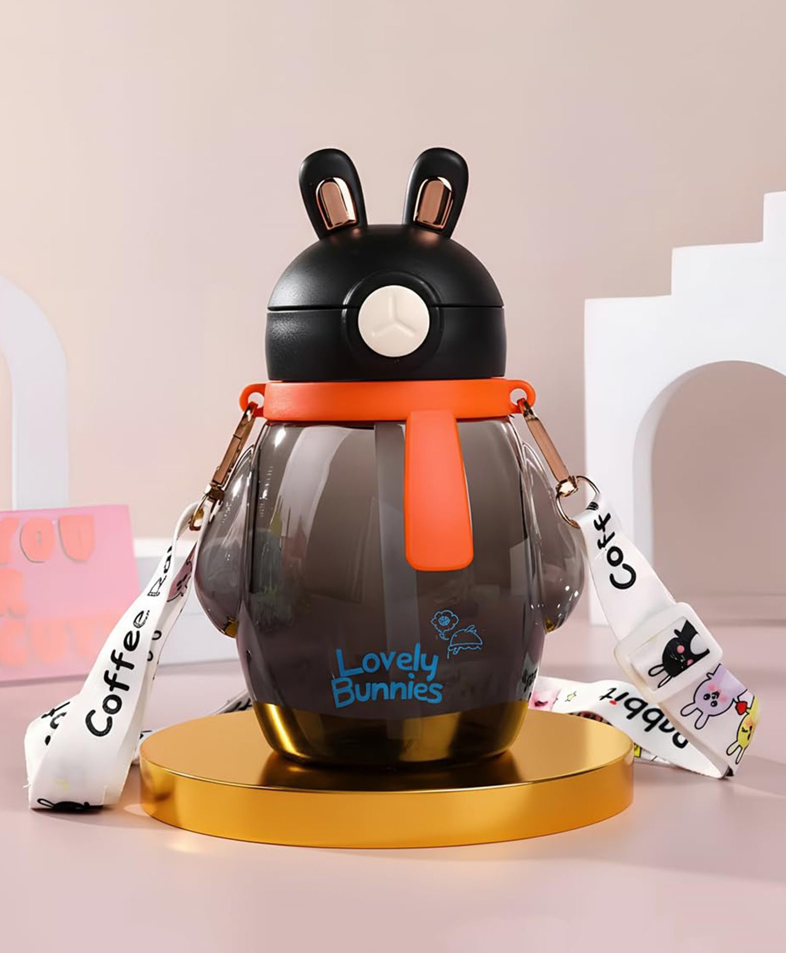 Baybee Lovely Bunnies Kids Water Bottle 600ml | BPA Free & Leakproof Safe Sipper Bottle with Straw | Cute Rabbit Design Smooth Sipping with Handle & Neck Strap,Flip Lid for School Kids & Babys (Black)-image-28