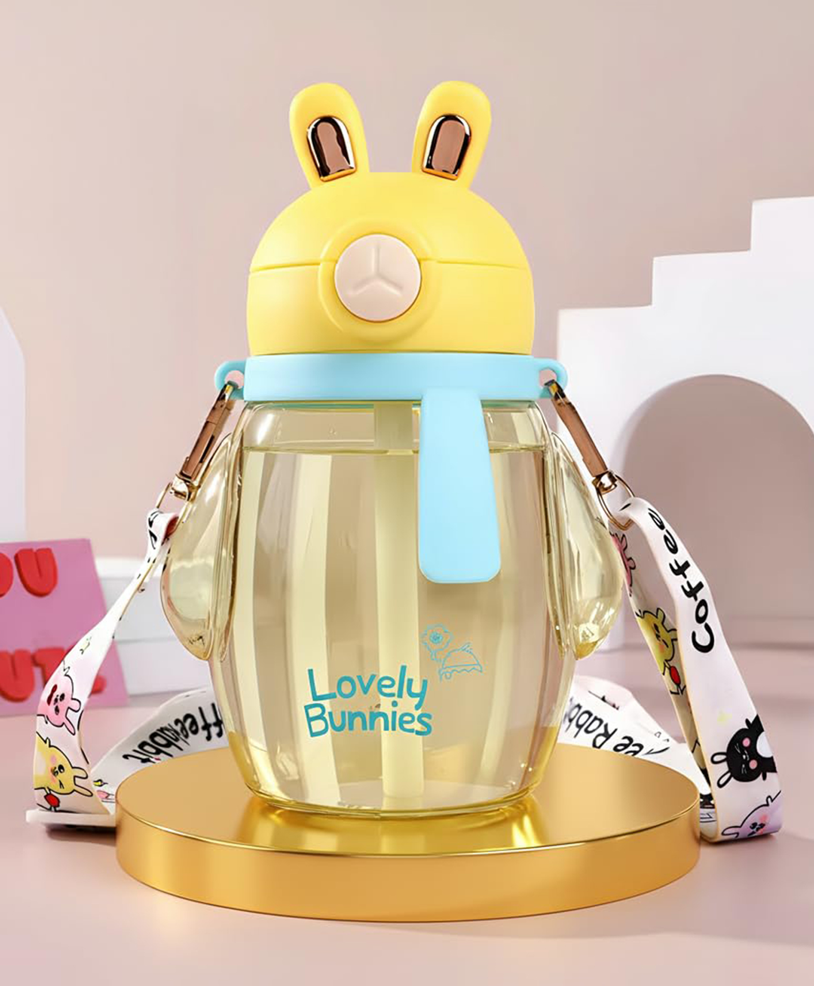 Baybee Lovely Bunnies Kids Water Bottle 600ml | BPA Free & Leakproof Safe Sipper Bottle with Straw | Cute Rabbit Design Smooth Sipping with Handle & Strap, Flip Lid for School Kids & Babys (Yellow)-image-42