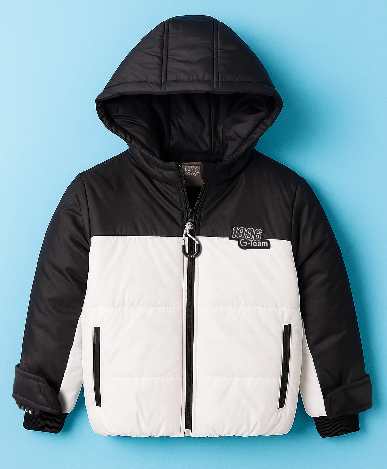 Little Kangaroos Tafetta Woven Full Sleeves Hooded Padded Jacket With Badge Detailing - Black-image-27