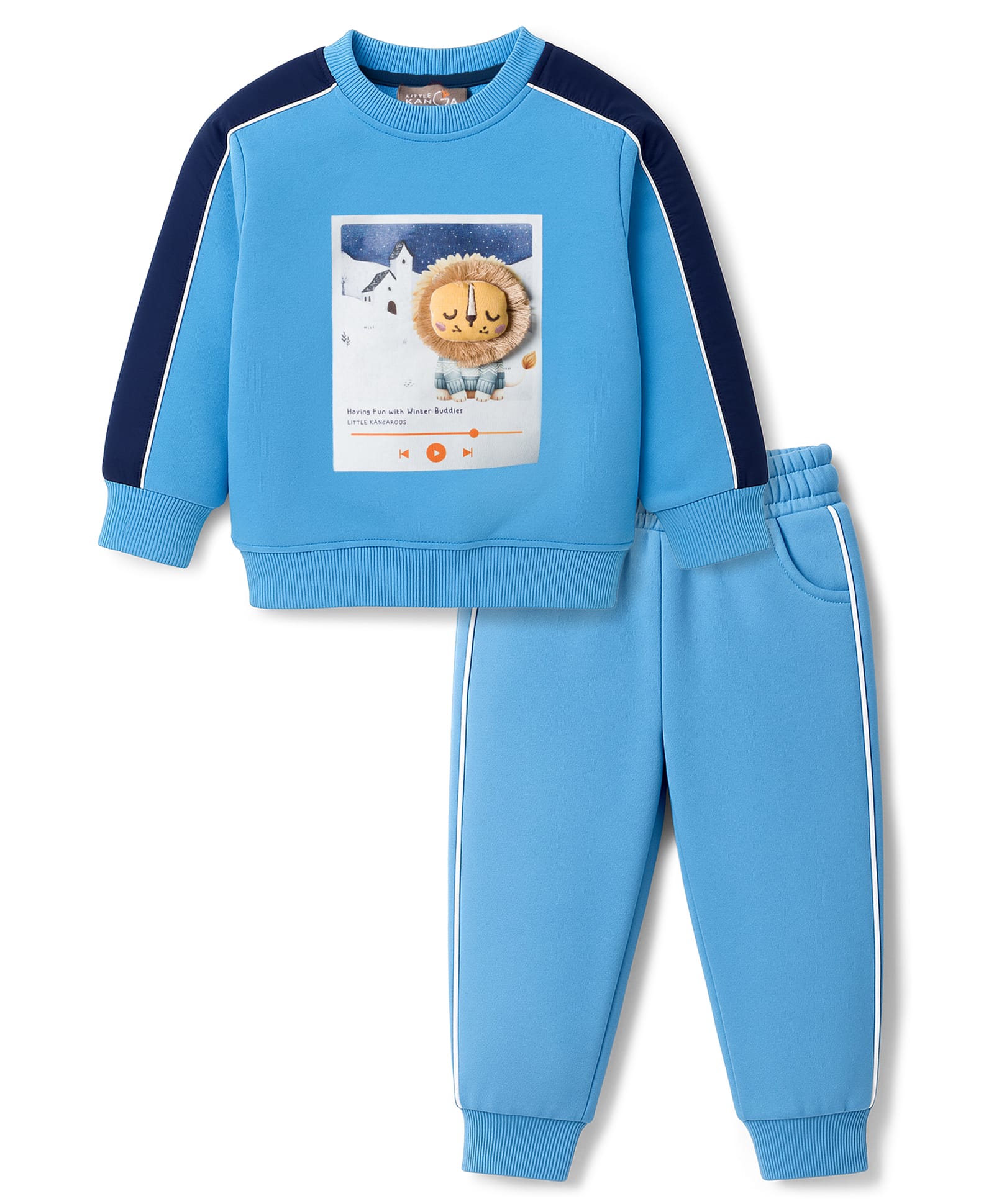 Little Kangaroos Fleece Knit Full Sleeves Winter Wear Sweatshirt & Joggers Set With Animal Applique & Text Print - Light Blue-image-45
