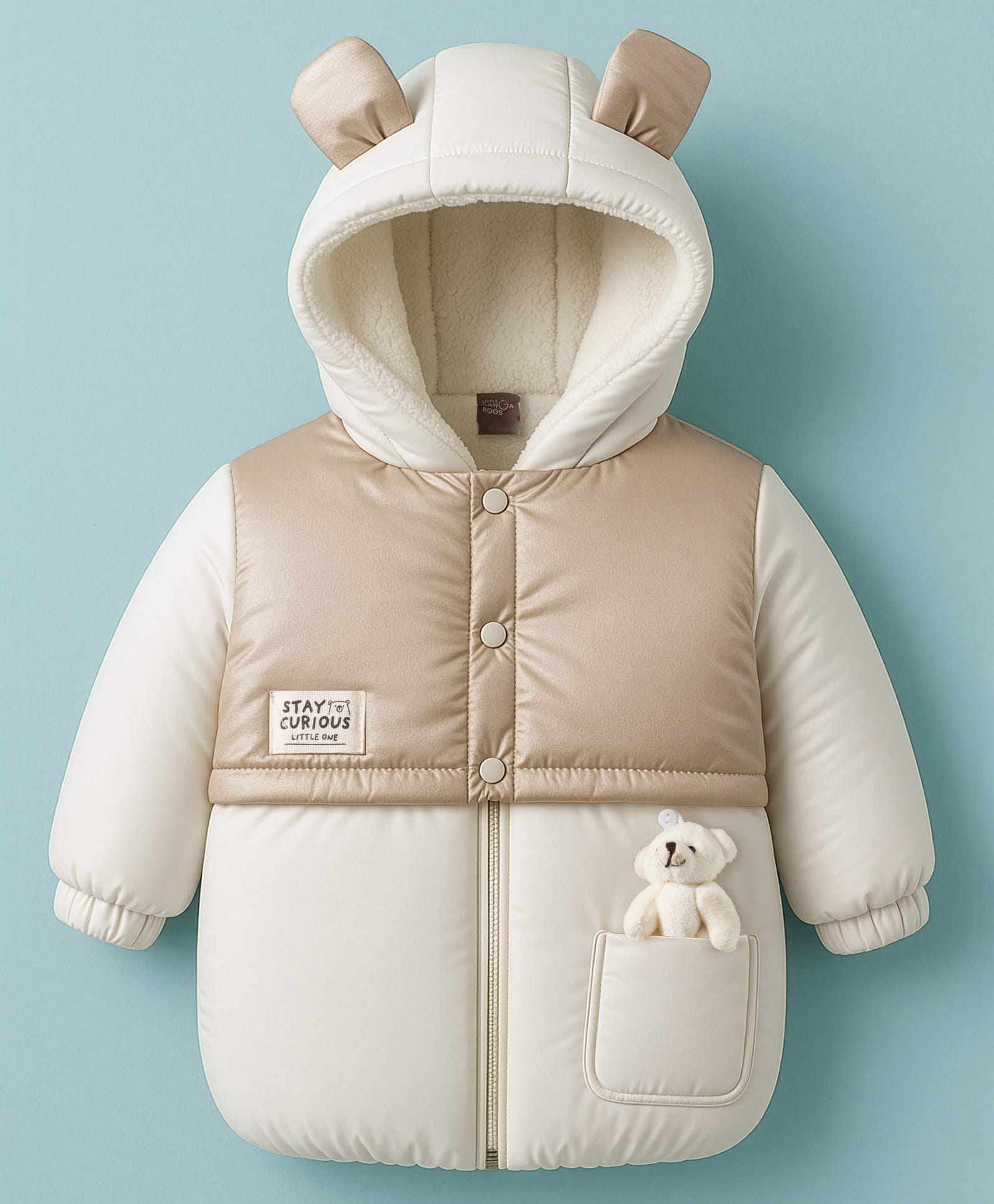 Little Kangaroos Woven Full Sleeves Hooded Pdded Jacket with Teddy & Ear Applique - Off White-picture-28