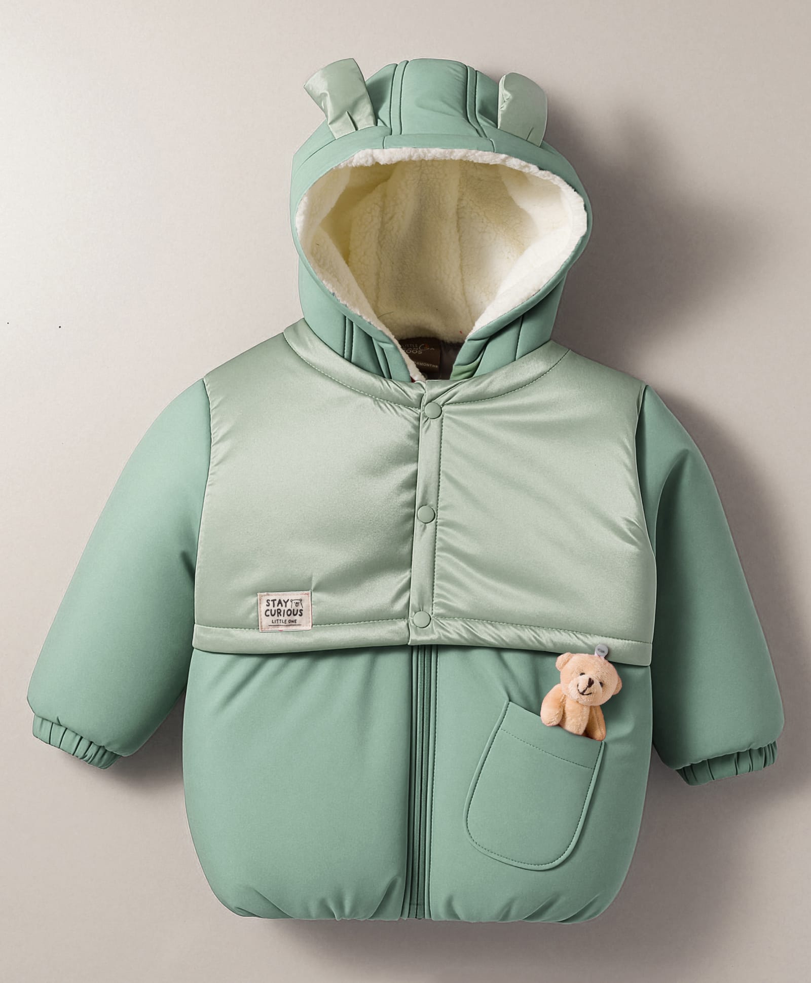 Little Kangaroos Woven Full Sleeves Hooded Padded Jacket with Teddy & Ear Applique - Mint-picture-37