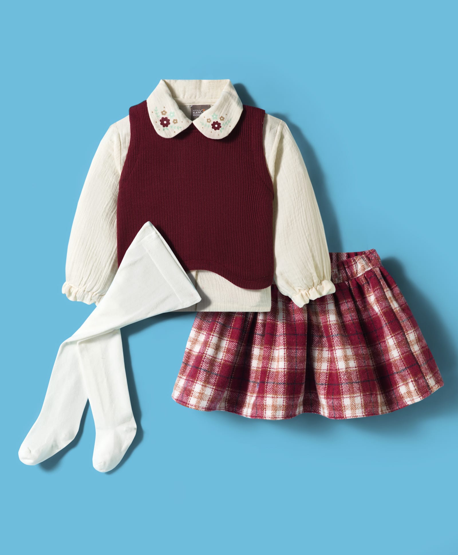 Little Kangaroos Fleece Woven Full Sleeves Checks Top & Skirt Set With Sweatshirt & Leggings - Maroon-image-42