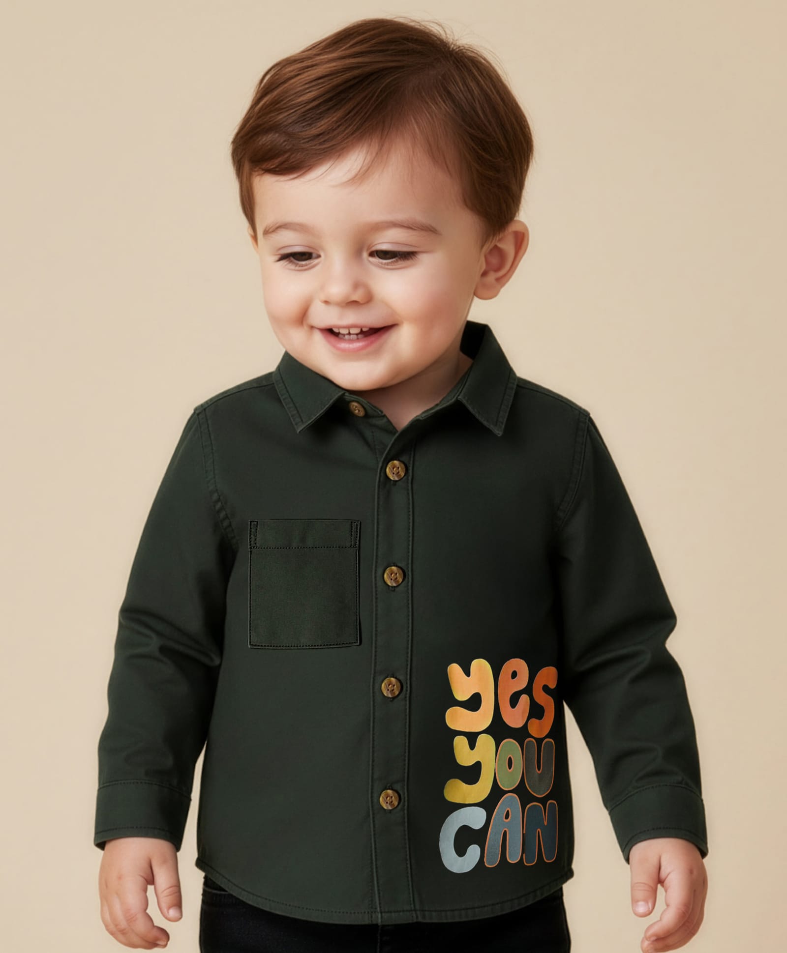 Babyoye 100% Cotton Twill Woven Full Sleeves Shirts With Text Print - Olive Green-picture-16