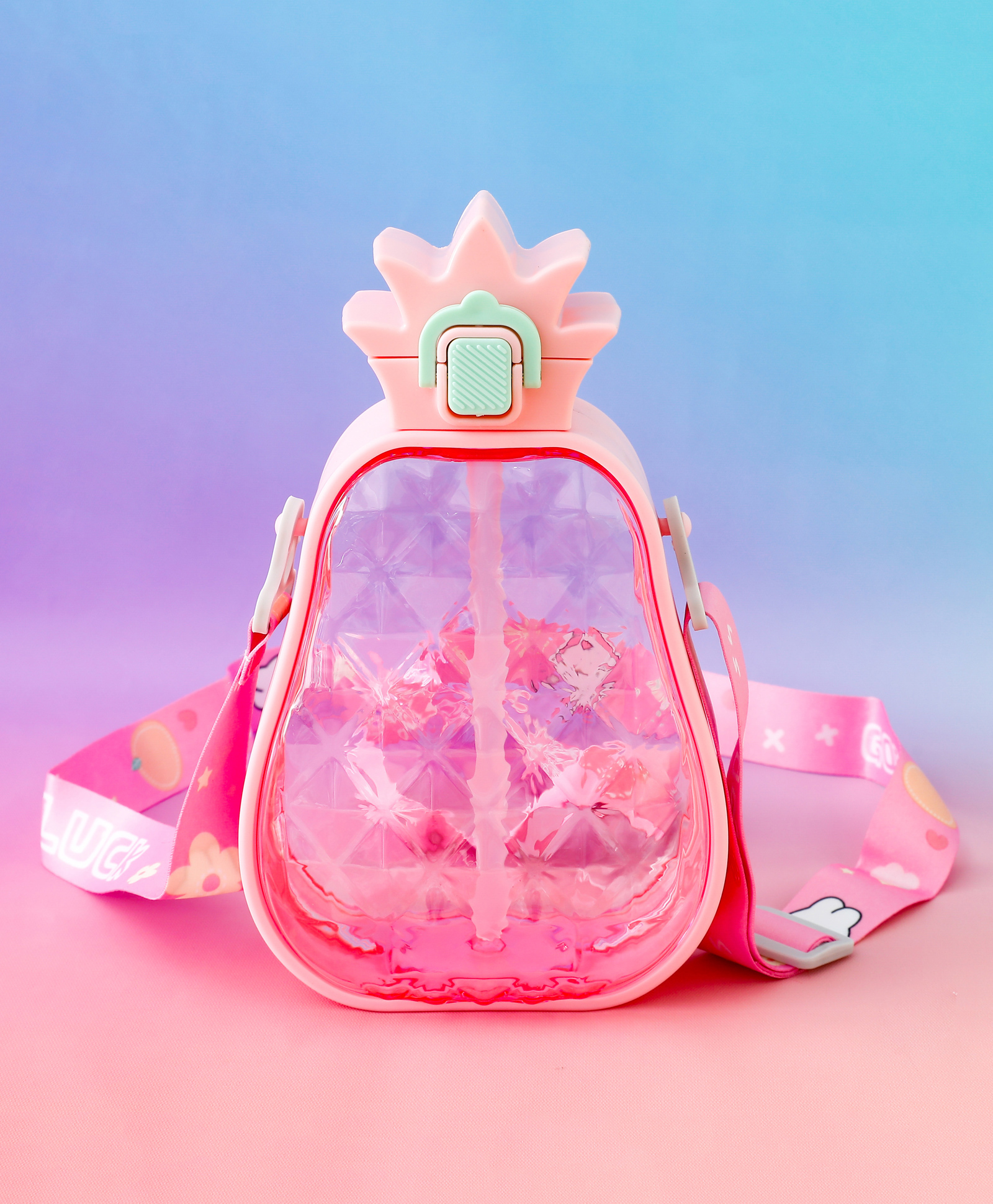 Pineapple Design Kids Straw Water Bottle 600 ml - Pink| Leak-Resistant BPA Free Freezer Safe Sipper Bottle with Adjustable Strap| Sipper Bottle for School, Picnic & Travel for Boys & Girls-image-41
