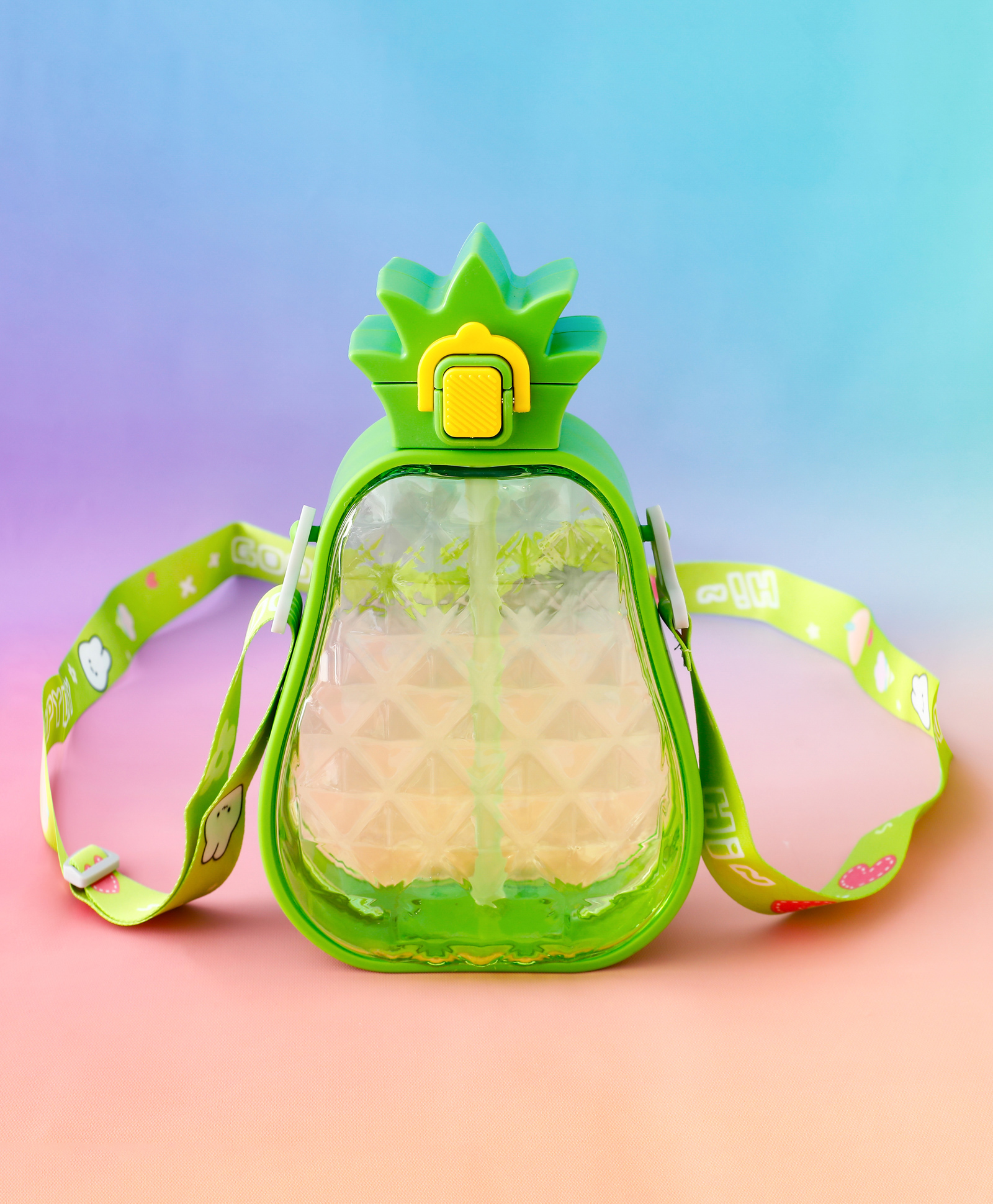 Pineapple Design Kids Straw Water Bottle 600 ml - Green| Leak-Resistant BPA Free Freezer Safe Sipper Bottle with Adjustable Strap| Sipper Bottle for School, Picnic & Travel for Boys & Girls-image-39