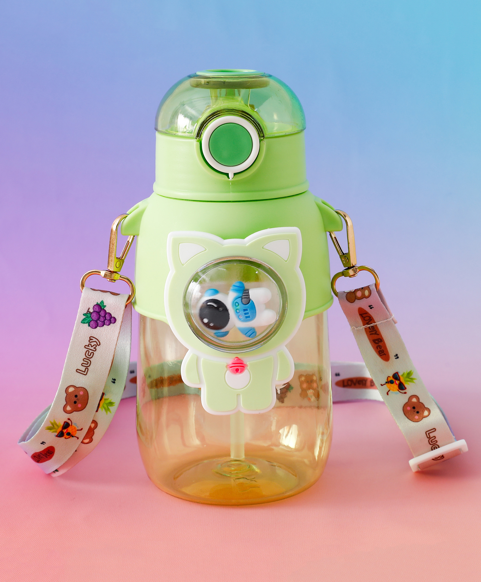 fab n funky Astronaut Kids Straw Water Bottle 650 ml Green| Leak-Resistant BPA Free Freezer Safe Sipper Bottle with Adjustable Strap| School Water Bottle for Boys & Girls-picture-35