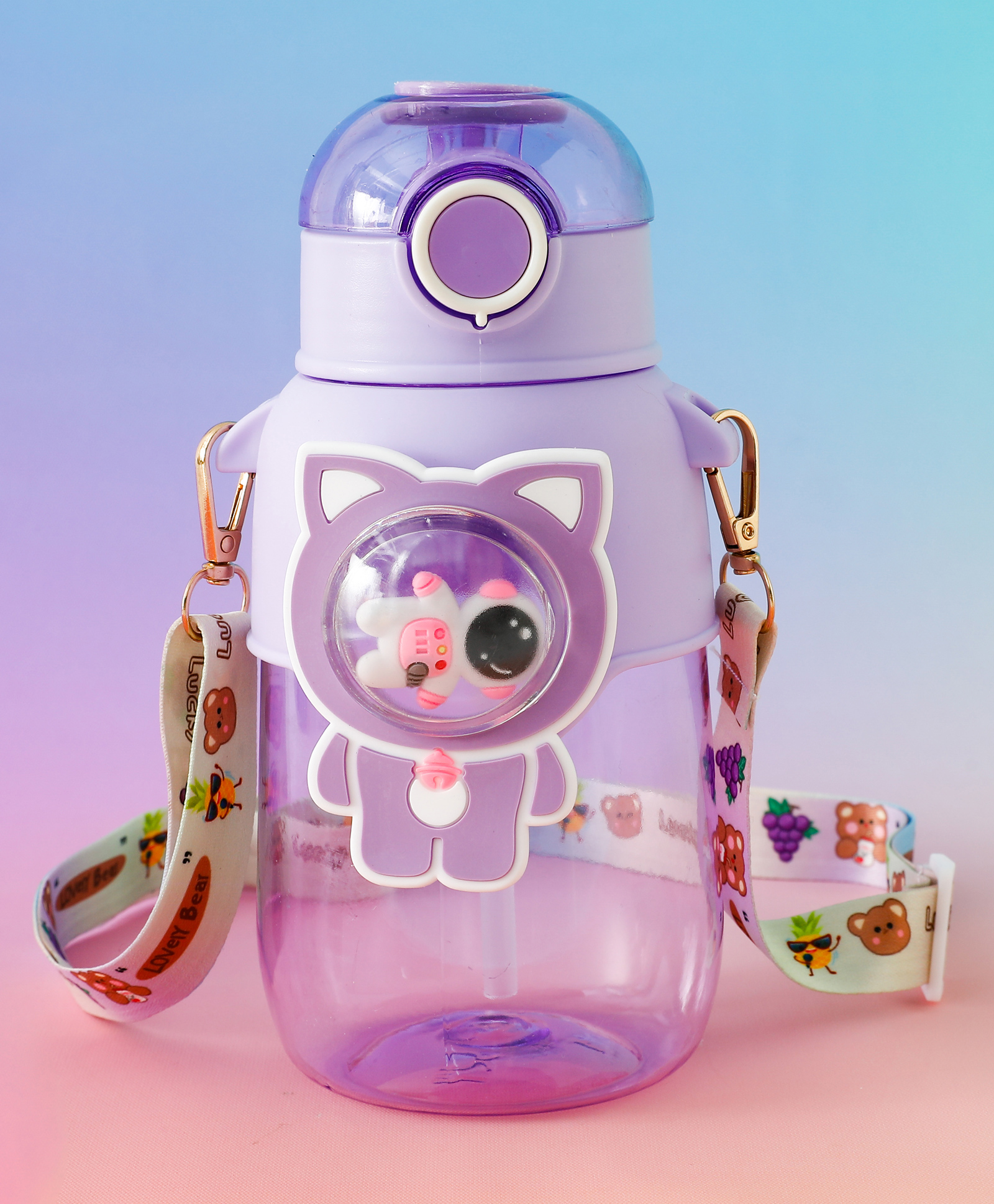 fab n funky Astronaut Kids Straw Water Bottle 650 ml Purple| Leak-Resistant BPA Free Freezer Safe Sipper Bottle with Adjustable Strap| School Water Bottle for Boys & Girls-picture-37