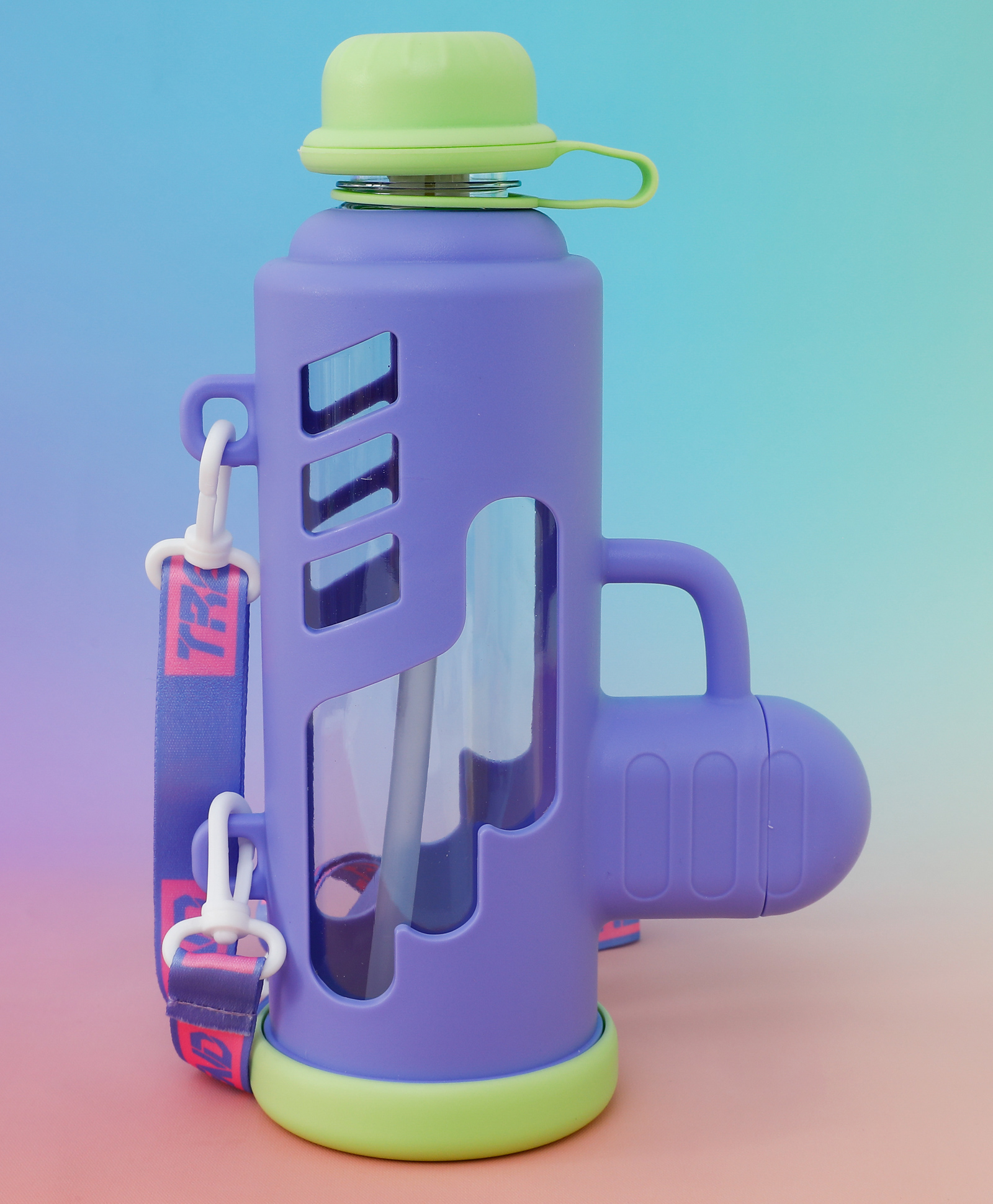 fab n funky Bazooka Style Kids Straw Water Bottle 680 ml - Purple| BPA Free| Freezer Safe & Leak-Resistant| School Sipper Bottle with Straw & Carry Strap for Boys & Girls-picture-19
