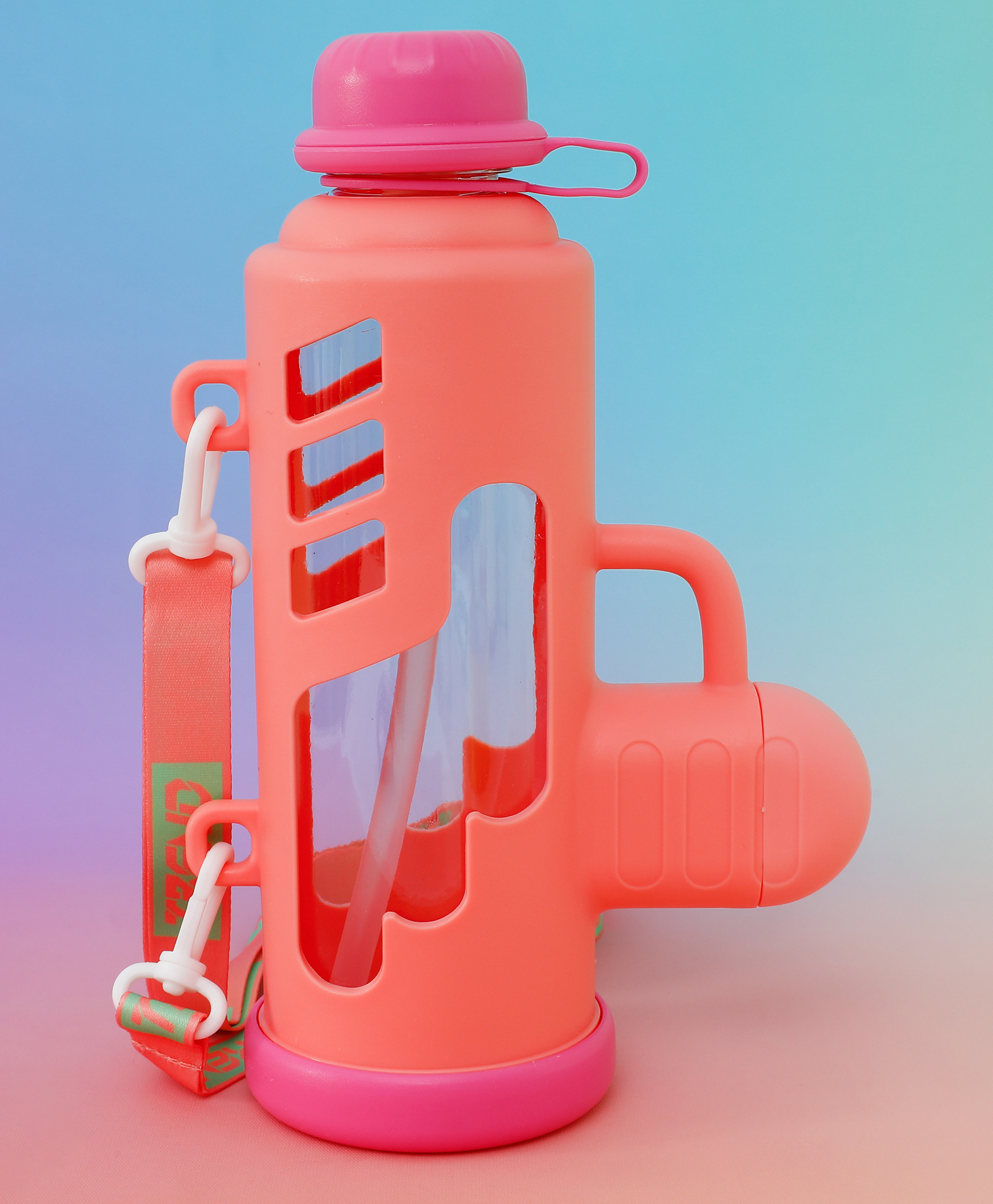 Bazooka Style Kids Straw Water Bottle 680 ml - Pink| BPA Free| Freezer Safe & Leak-Resistant| School Sipper Bottle with Straw & Carry Strap for Boys & Girls-image-23