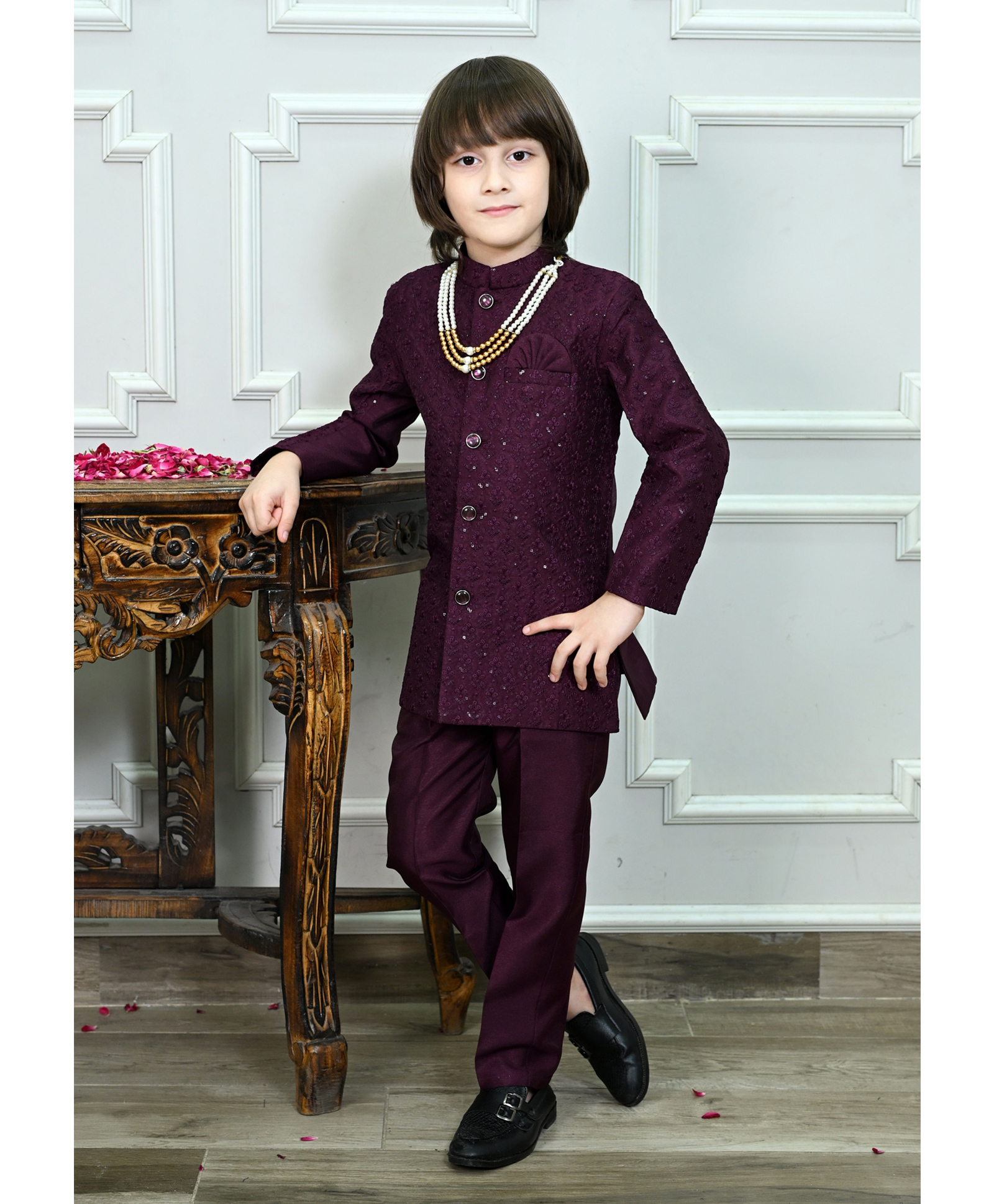 Ahhaaaa Viscose Woven Full Sleeves Floral Embroidered & Sequins Embellished Jodhpuri Suit With Pant Set - Wine-picture-15