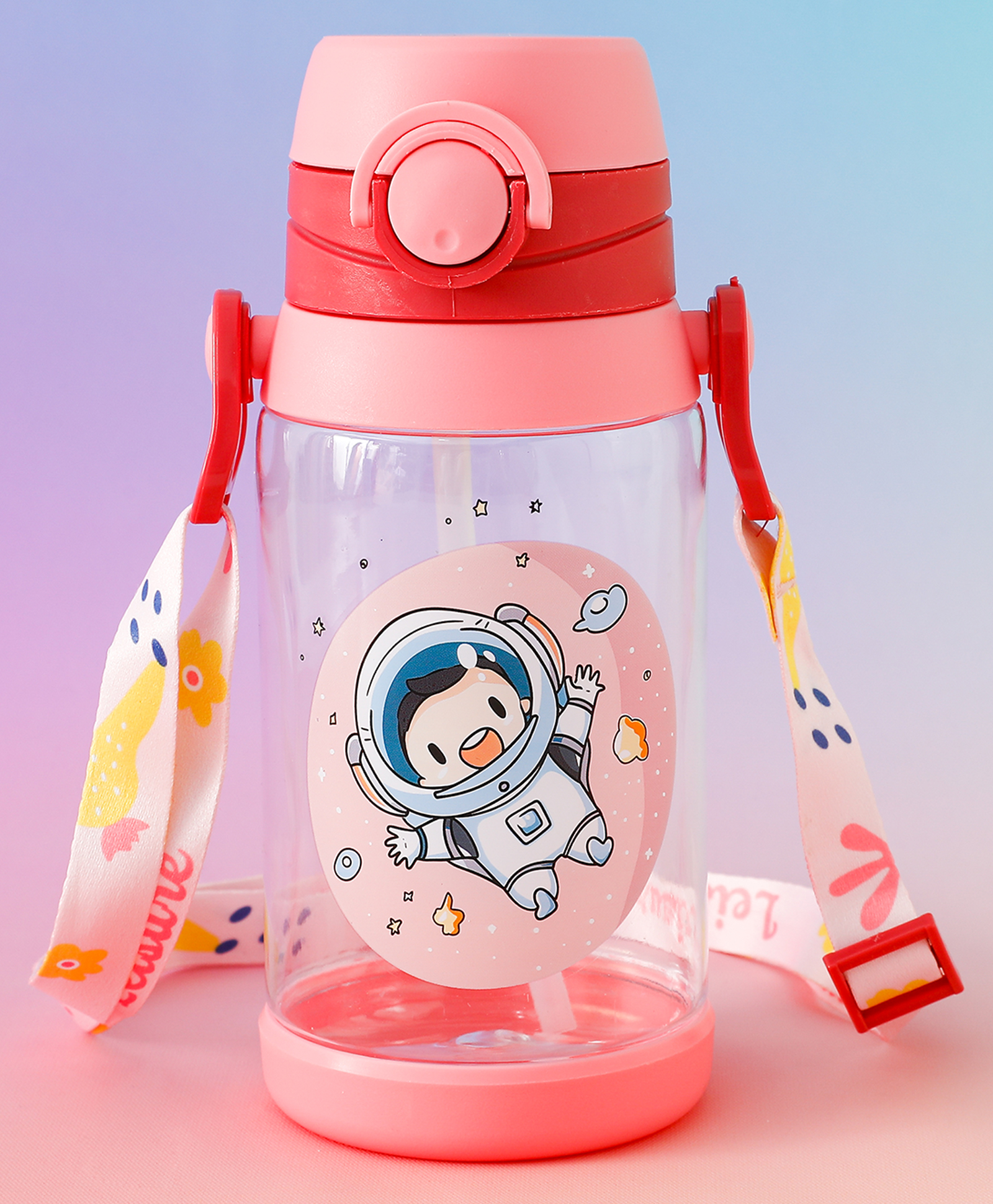 Space Astronaut Print Kids Straw Sipper Bottle 500 ml - Pink| BPA-Free| Leak resistant| School Water Bottle for Boys & Girls| Stylish Flip Lid| Straw & Shoulder Strap