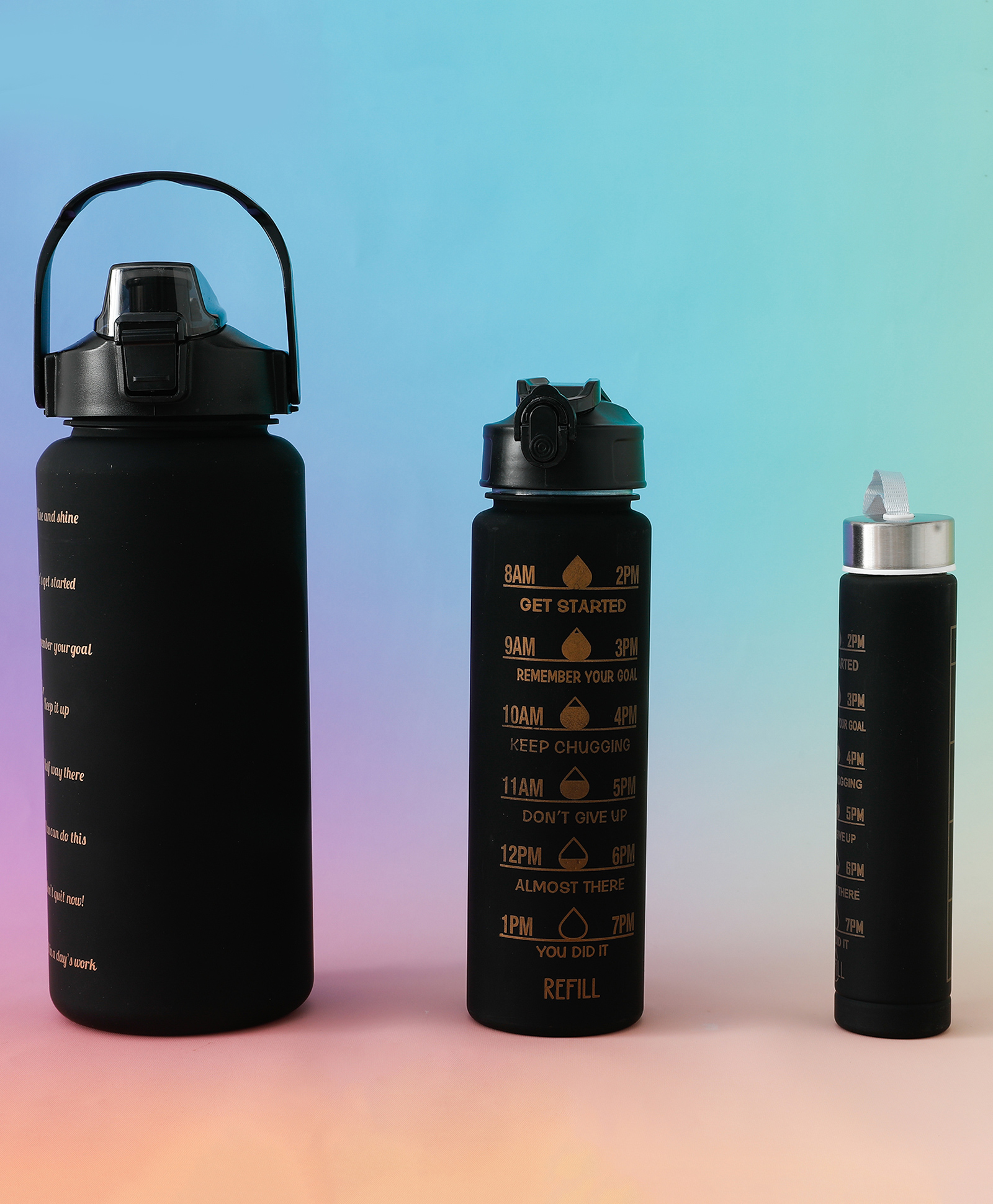 Motivational Gradient Sports Water Bottle Combo - Pack of 3 (2000ml + 900ml + 300ml) - Black | Time Marker| Leak-Resistant| Freezer-Safe| Stylish Bottles| for School, Gym & Travel-image-25