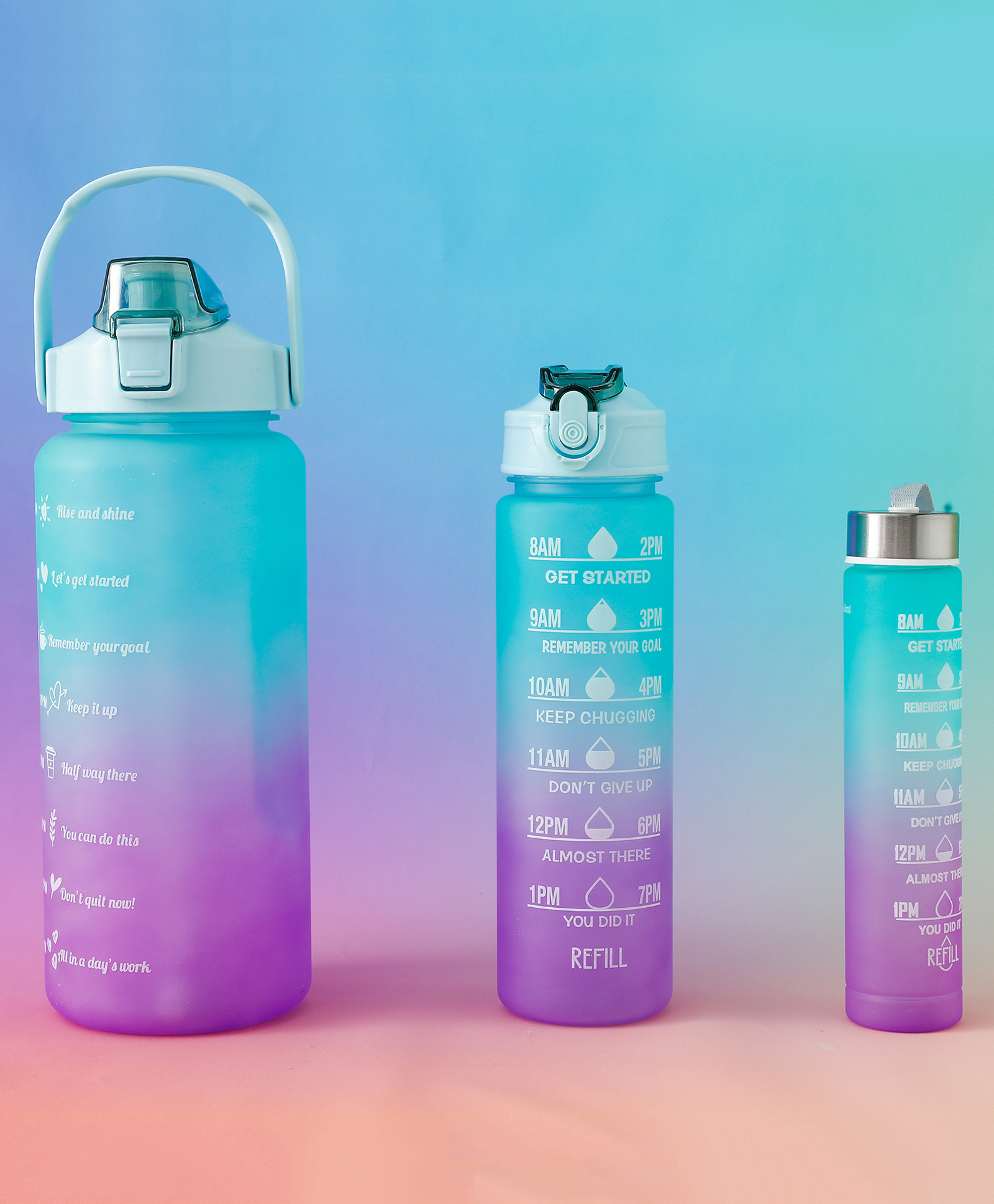 Motivational Gradient Sports Water Bottle Combo - Pack of 3 (2000ml + 900ml + 300ml) - Blue & Purple| Time Marker| Leak-Resistant| Freezer-Safe| Stylish Bottles| for School, Gym & Travel-image-24