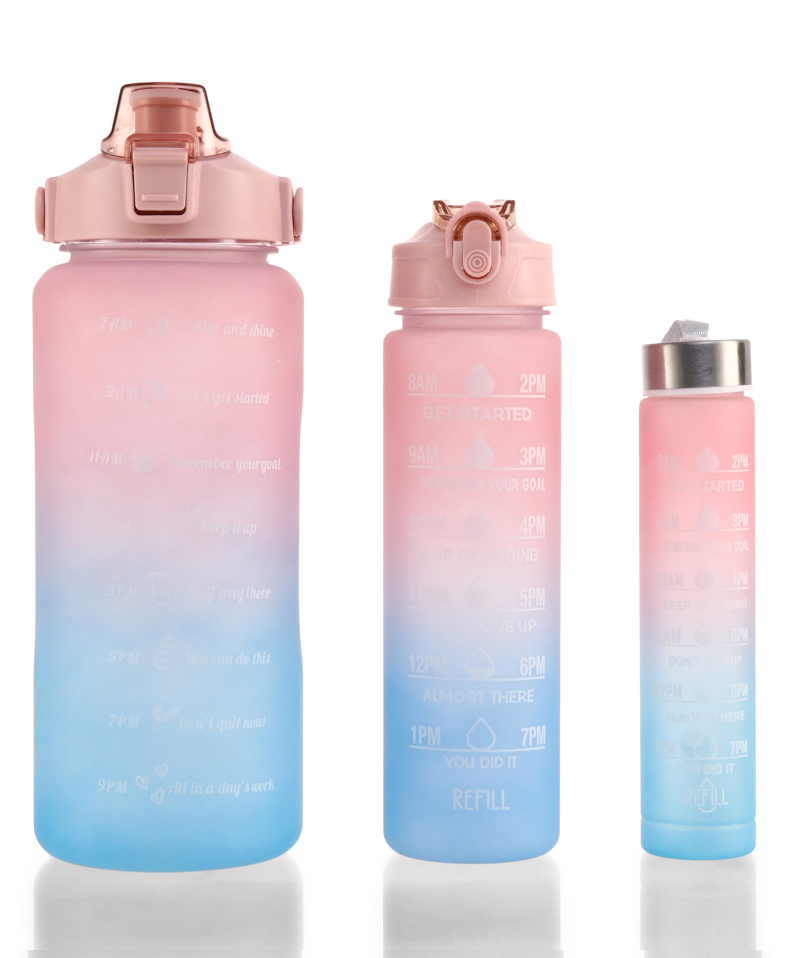 Motivational Gradient Sports Water Bottle Combo - Pack of 3 (2000ml + 900ml + 300ml) - Pink & Blue| Time Marker| Leak-Resistant| Freezer-Safe| Stylish Bottles| for School, Gym & Travel-image-25