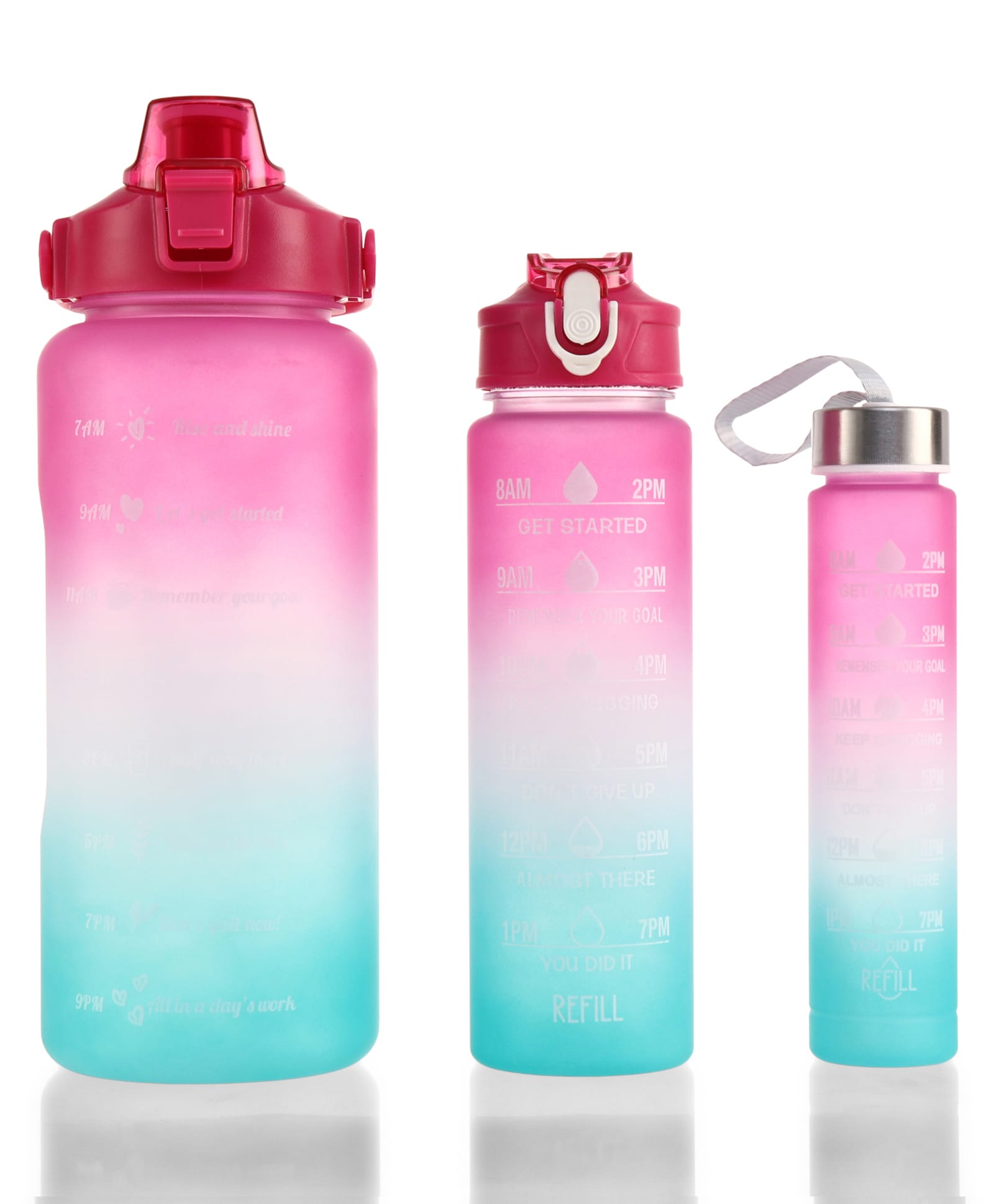 Motivational Gradient Sports Water Bottle Combo - Pack of 3 (2000ml + 900ml + 300ml) - Fuchsia & Blue| Time Marker| Leak-Resistant| Freezer-Safe| Stylish Bottles| for School, Gym & Travel-image-26