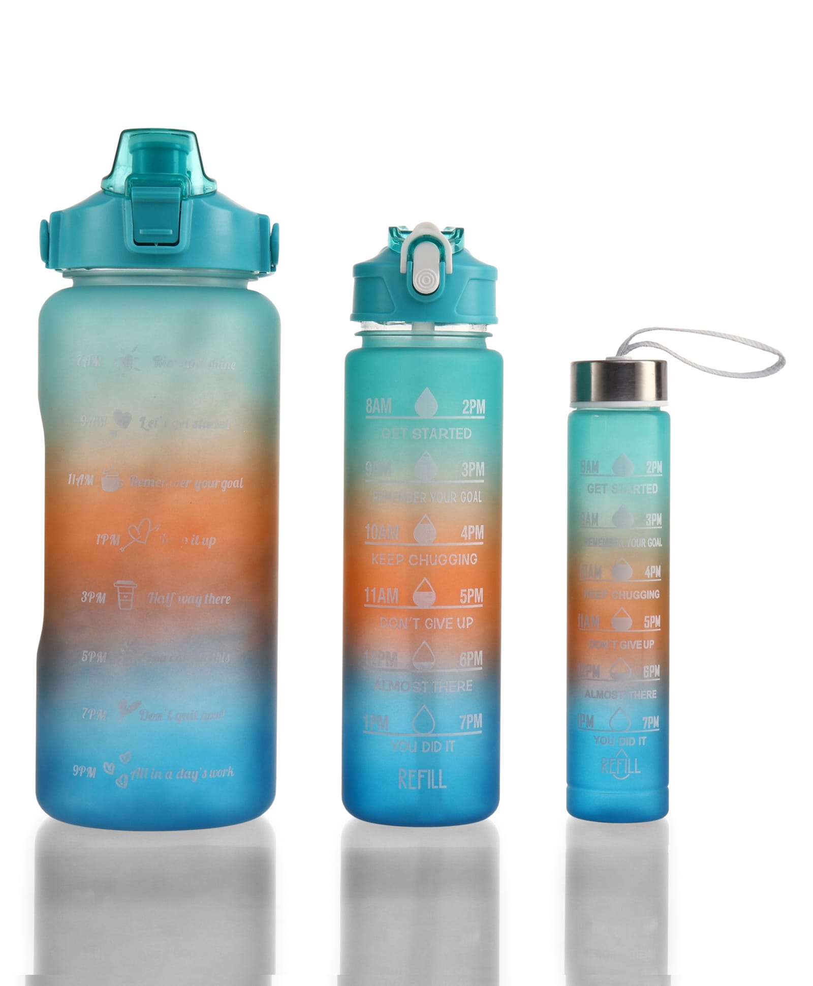 Motivational Gradient Sports Water Bottle Combo - Pack of 3 (2000ml + 900ml + 300ml) - Blue & Orange| Time Marker| Leak-Resistant| Freezer-Safe| Stylish Bottles| for School, Gym & Travel-image-22