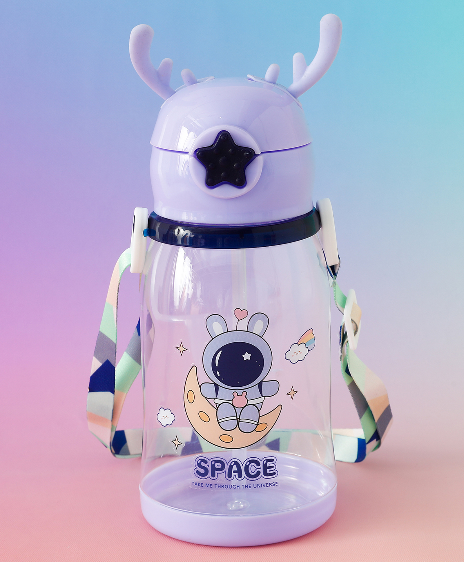 Space Theme Kids Straw Sipper Bottle 600 ml - Purple| BPA-Free| Leak resistant| School Water Bottle for Boys & Girls| Stylish Flip Lid| Straw & Shoulder Strap-image-31