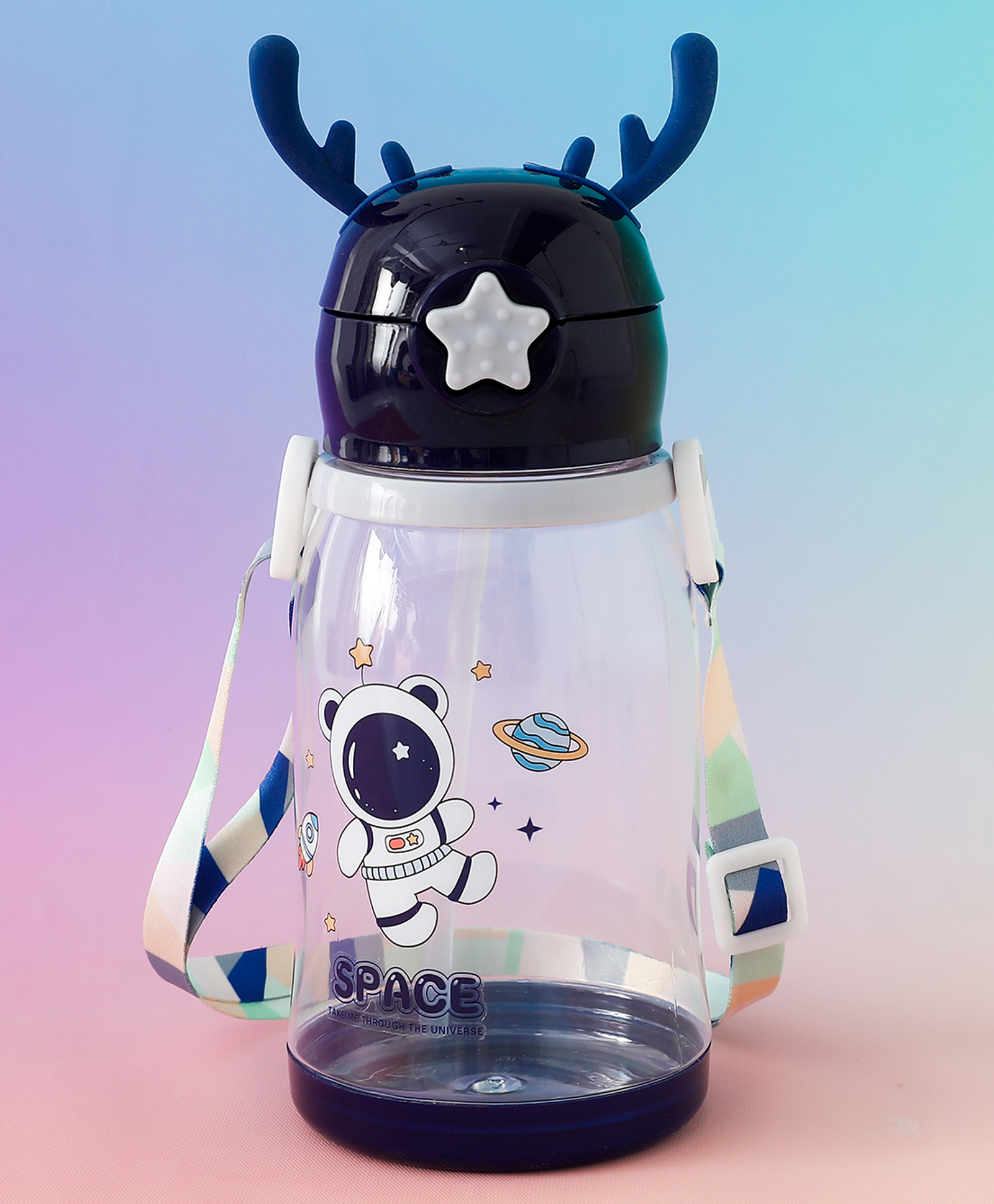 Space Theme Kids Straw Sipper Bottle 600 ml - Dark Blue| BPA-Free| Leak resistant| School Water Bottle for Boys & Girls| Stylish Flip Lid| Straw & Shoulder Strap-image-39