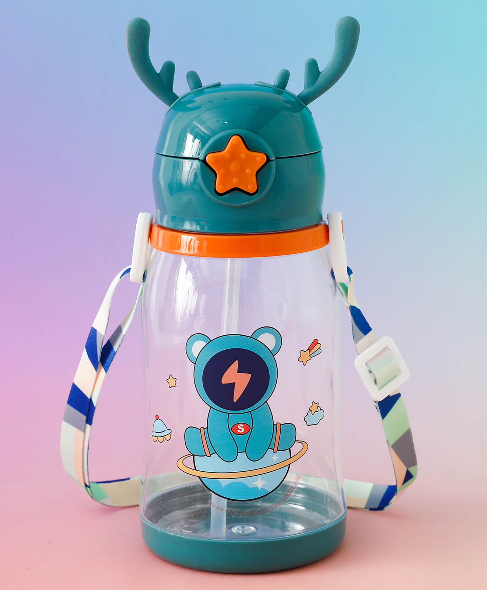 Space Theme Kids Straw Sipper Bottle 600 ml - Blue| BPA-Free| Leak resistant| School Water Bottle for Boys & Girls| Stylish Flip Lid| Straw & Shoulder Strap-image-29
