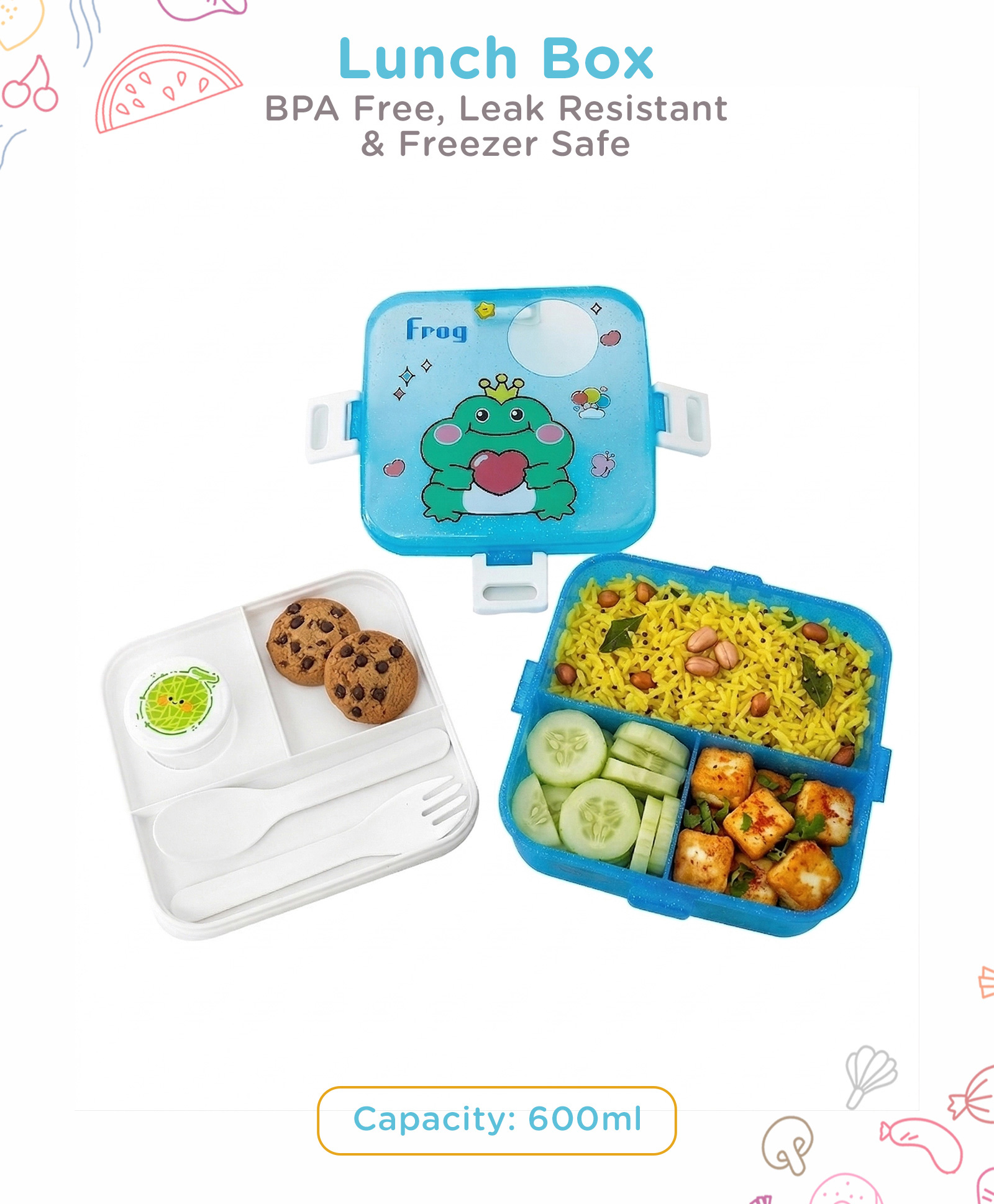 Kids Lunch Box with Compartments, Spoon & Fork - Blue| Leak-Resistant with Side Locks| Compact Food Storage Box for Boys & Girls-image-19