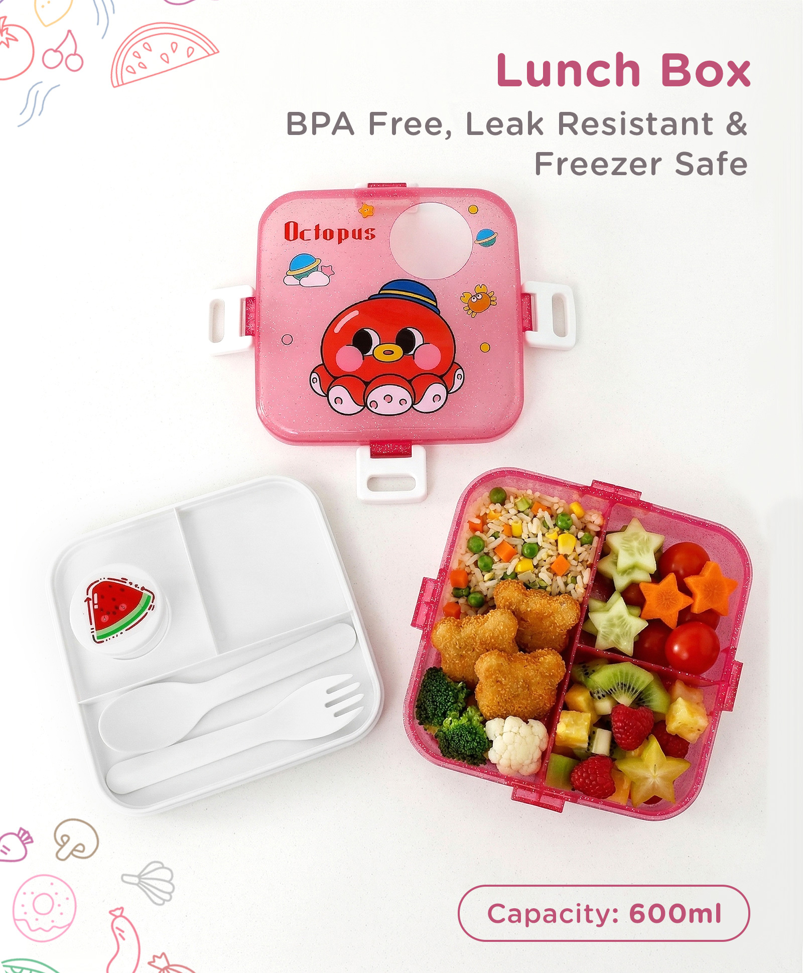 Kids Lunch Box with Compartments, Spoon & Fork - Red| Leak-Resistant with Side Locks| Compact Food Storage Box for Boys & Girls-image-18
