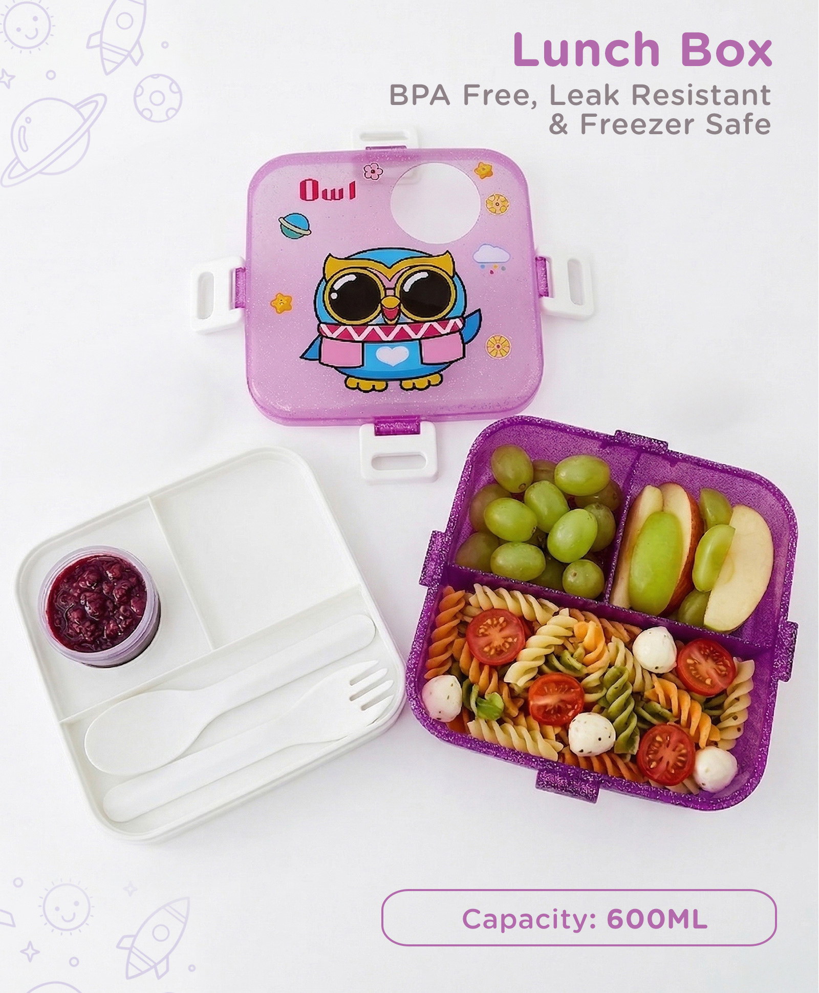 Kids Lunch Box with Compartments, Spoon & Fork - Purple| Leak-Resistant with Side Locks| Compact Food Storage Box for Boys & Girls-image-20