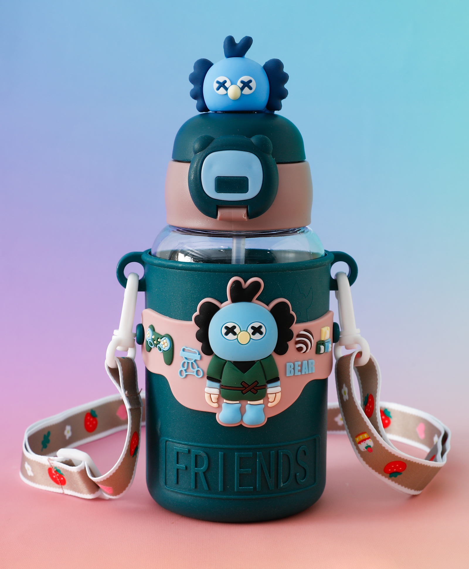 Kids Straw Water Bottle with Shoulder Strap 600ml - Green| BPA-Free, Leak-Resistant & Freezer Safe| Cartoon Design Bottle| School Sipper Bottle for Boys & Girls