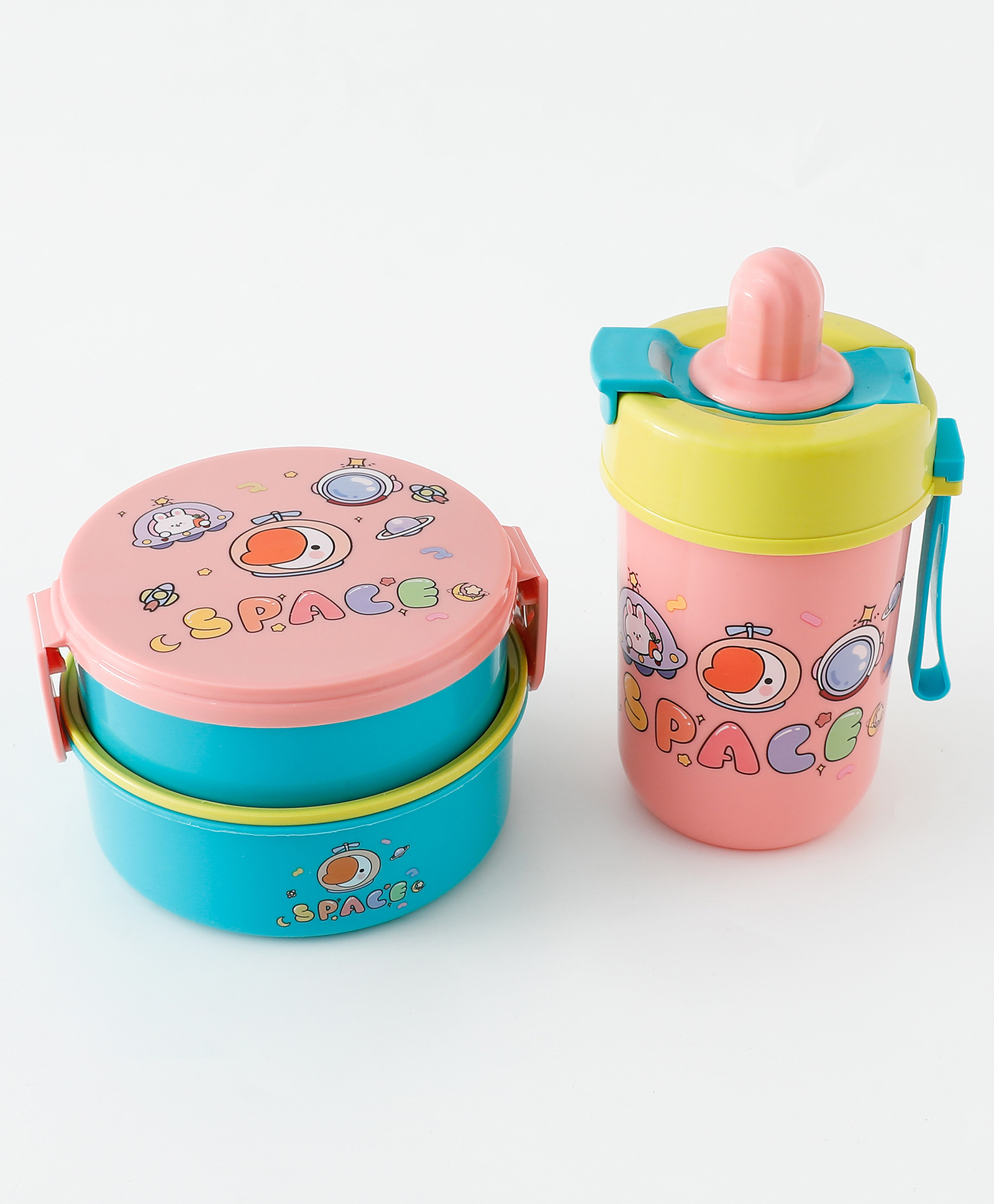 Cartoon Theme Kids Double Deck Lunch Box & Water Bottle - Pink+Blue| BPA-Free, Leak-Resistant & Freezer Safe|450ml Lunch Box with Spoon & 500ml Bottle| School Tiffin Combo for Boys & Girls-image-12