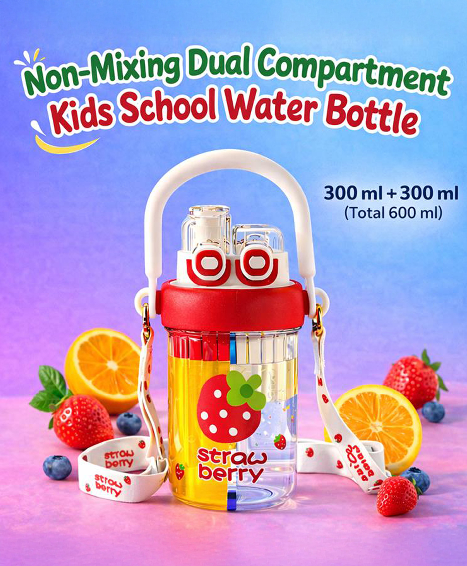 Strawberry Print Kids Straw Water Bottle 600 ml Red| BPA Free| Leak-Resistant & Freezer-Safe| Sipper with Dual Drinking Option (Straw & Spout), Handle & Strap| For School Boys & Girls-image-31