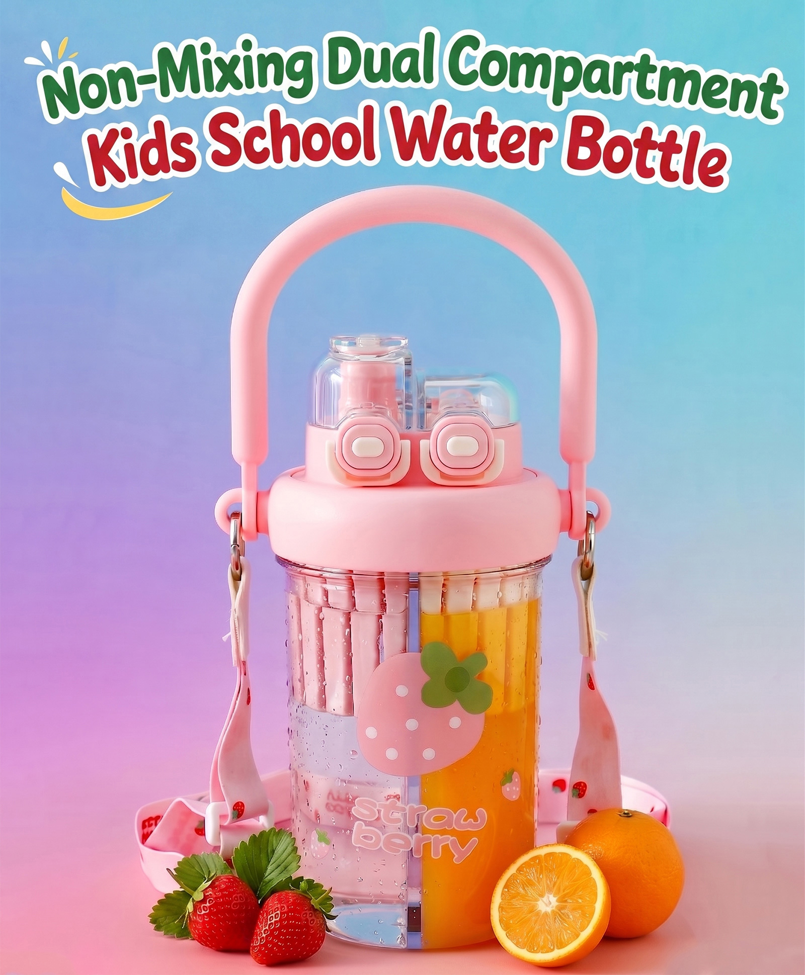 Strawberry Print Kids Straw Water Bottle 600 ml - Pink| BPA Free| Leak-Resistant & Freezer-Safe| Sipper with Dual Drinking Option (Straw & Spout), Handle & Strap| For School Boys & Girls-image-42