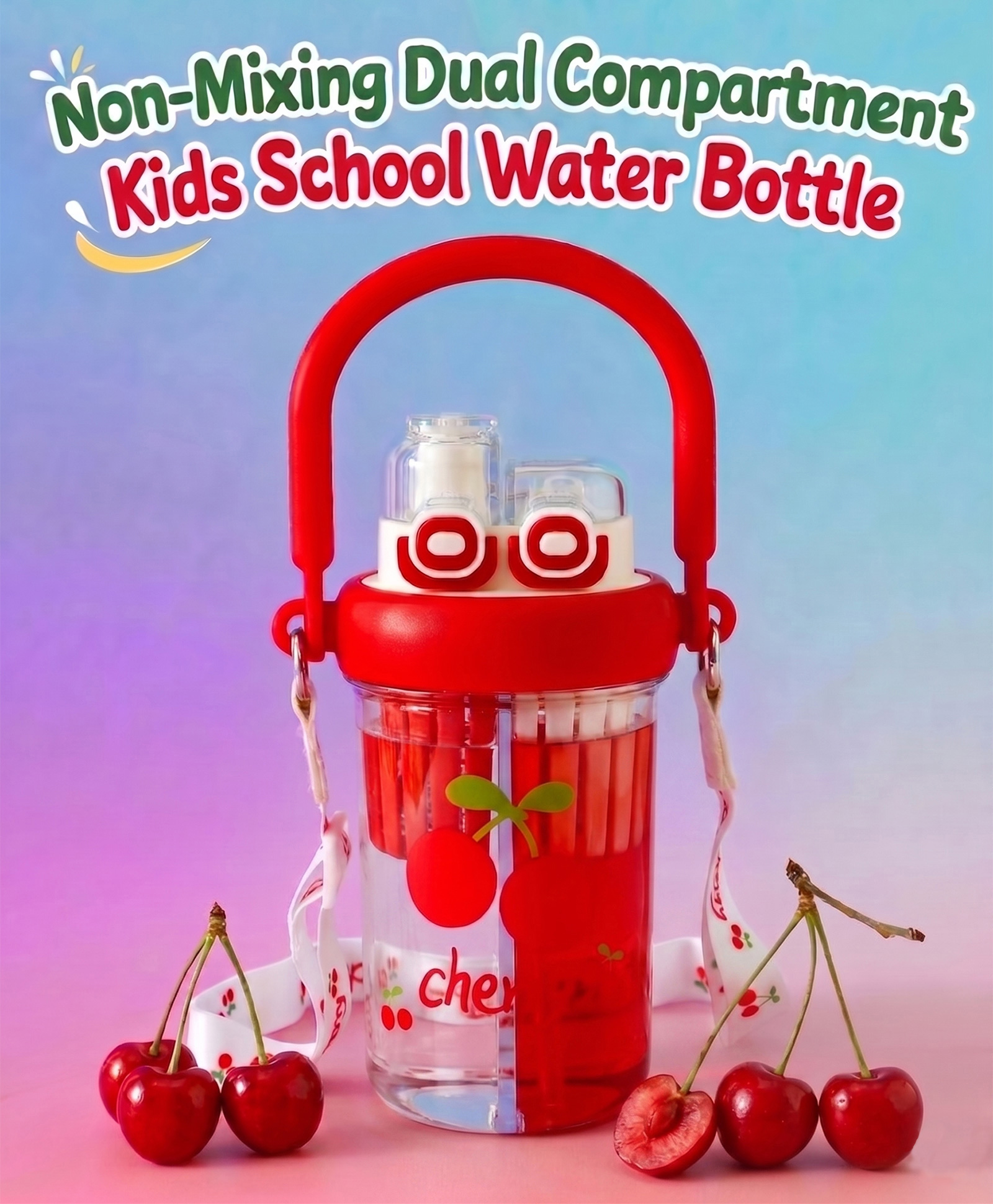 fab n funky 2-in-1 Non-Mixing Kids School Water Bottle 600 ml with In-Built Infuser Two Separate Drink Compartments | Straw & Spout | Leak-Resistant | BPA Free | Red-picture-17