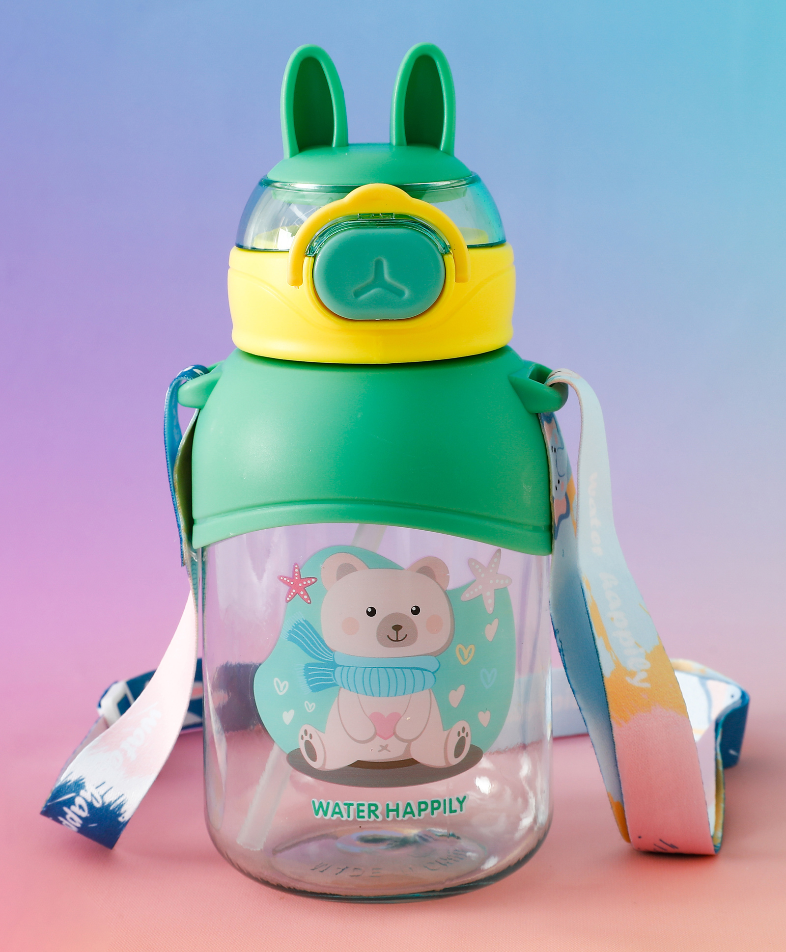 fab n funky Kids Straw Water Bottle with Shoulder Strap 650ml - Green| BPA-Free, Leak-Resistant & Freezer Safe| Cartoon Print| School Sipper Bottle for Boys & Girls-picture-26