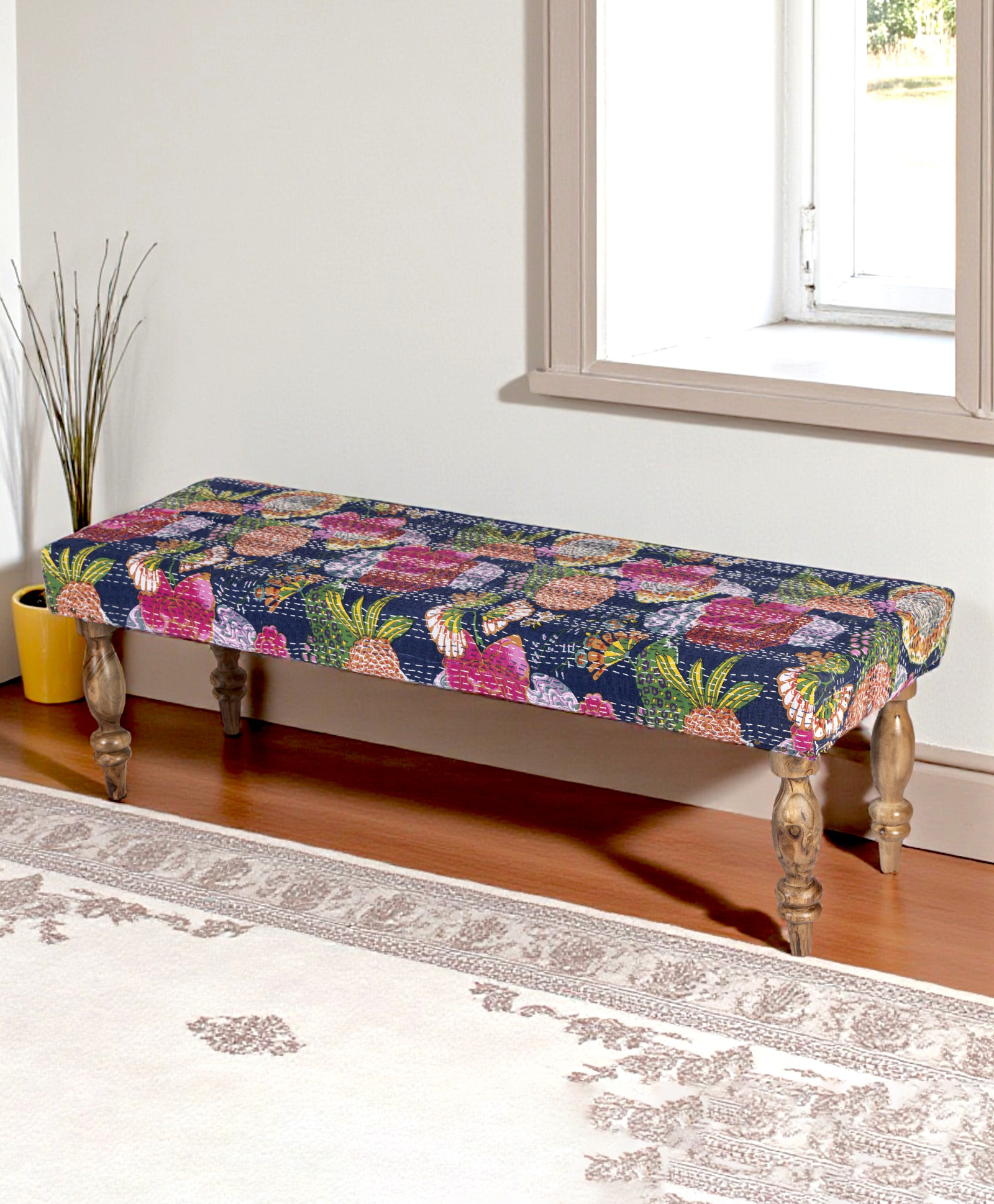 Ikiriya Cairo Sheesham Wood Mid Century 3 Seater Bench / Settees / Recamiers in Fruit Print Blue Kantha-image-42