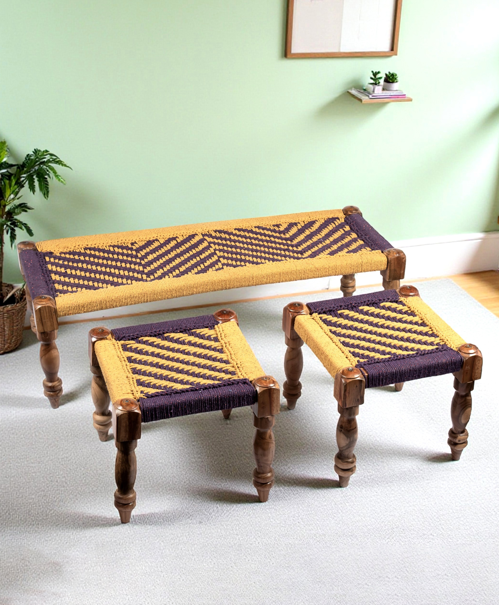 Ikiriya Hamilton Sheesham Wood Vintage 3 1 1 Seater Maachi Bench / Charpai / Khatiya / Rajasthani Traditional Settees / Recamiers with 2 Stools in Yellow & Purple Rope Canning-image-48
