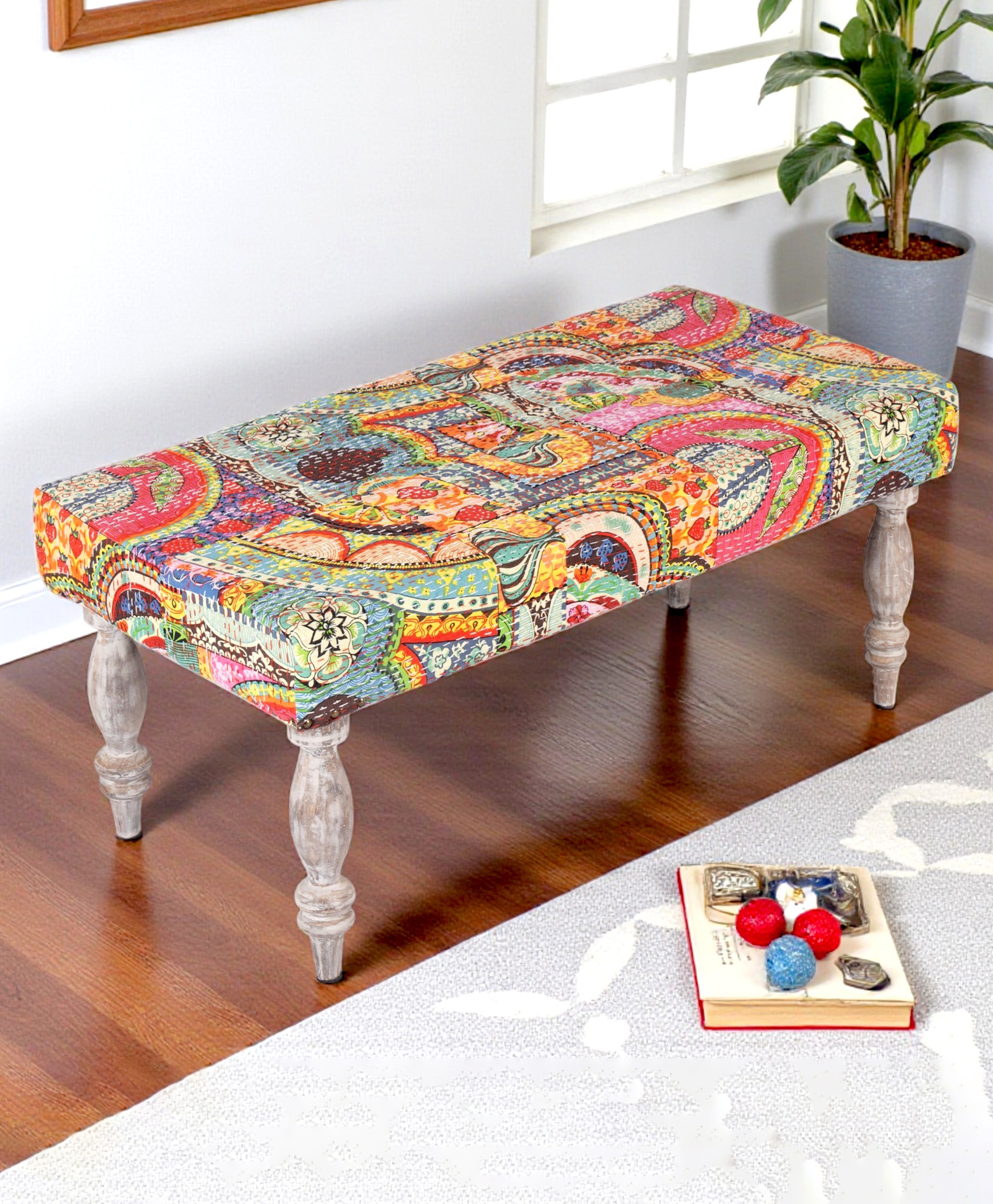 Ikiriya Bestone Sheesham Wood Bohemian 2 Seater Bench / Settees / Recamiers in Israel Print Patchwork Kantha-image-43
