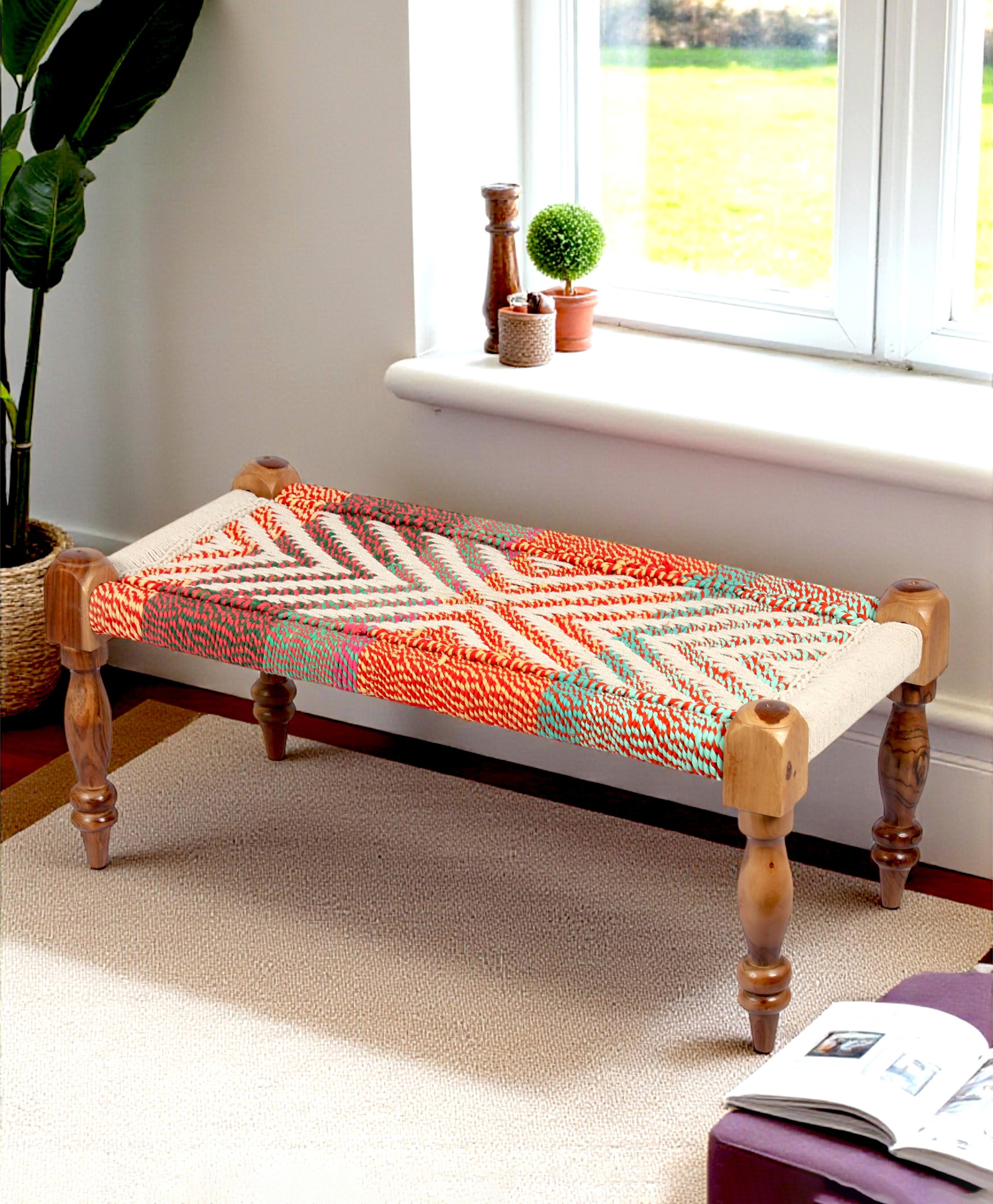 Ikiriya Oakville Sheesham Wood Vintage 2 Seater Maachi Bench / Charpai / Khatiya / Rajasthani Traditional Settees / Recamiers in Multi Colour Chindi & White Rope Canning-image-3