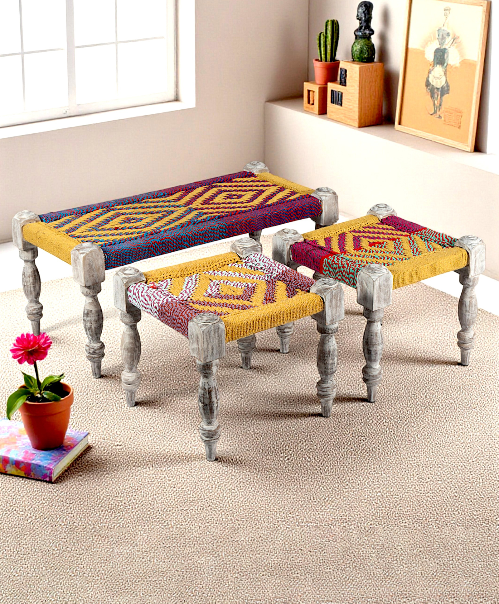 Ikiriya Oakville Sheesham Wood Vintage 3 1 1 Seater Maachi Bench / Charpai / Khatiya / Rajasthani Traditional Settees / Recamiers with 2 Stools in Multi Colour Chindi & Yellow Rope Canning-image-24