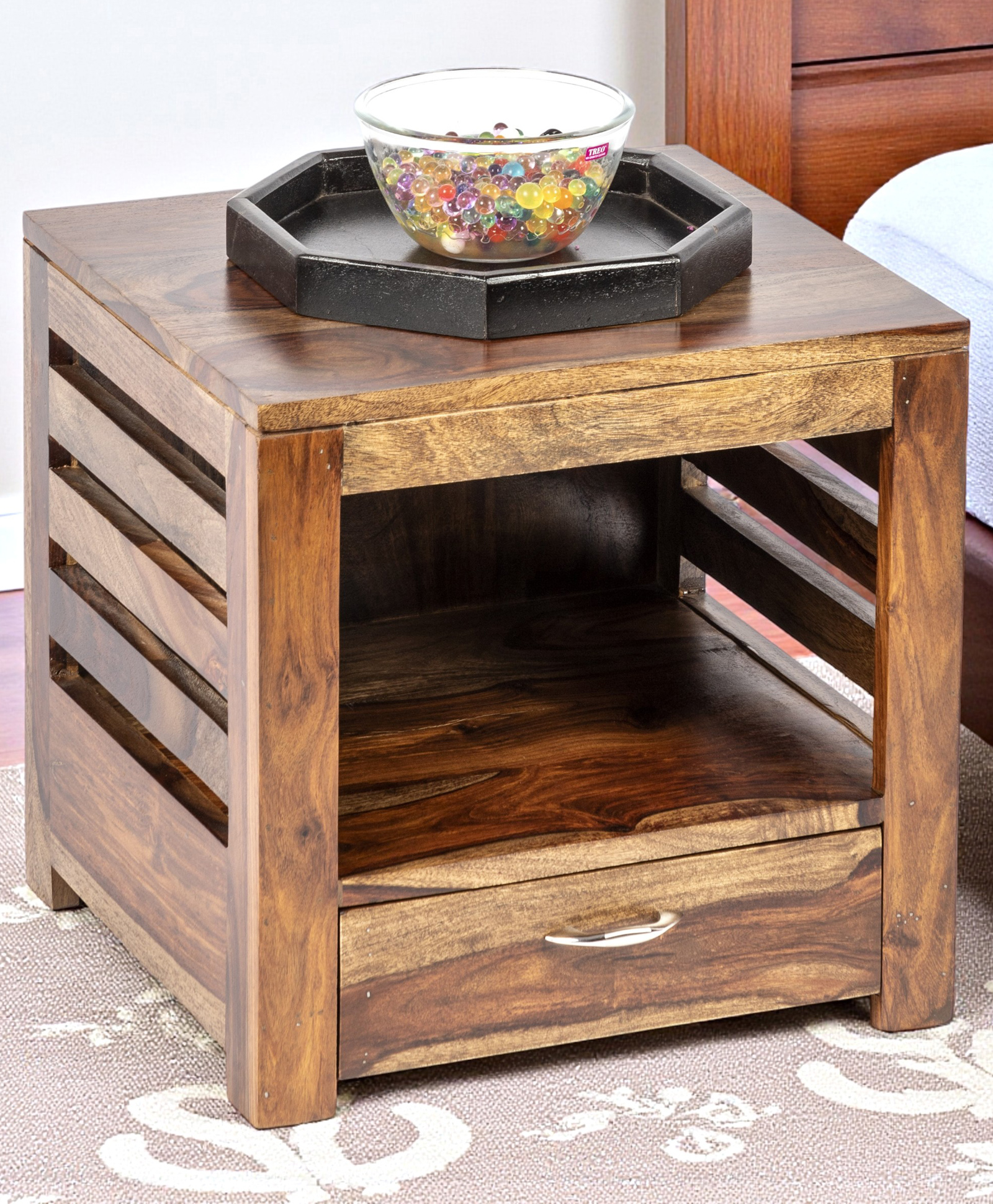 Ikiriya Russell Sheesham Wood Contemporary Bedside Table/ End Table / Tea Table / Sofa Table/ Corner Table / Small Table/ Side Rack in Teak Finish-image-2
