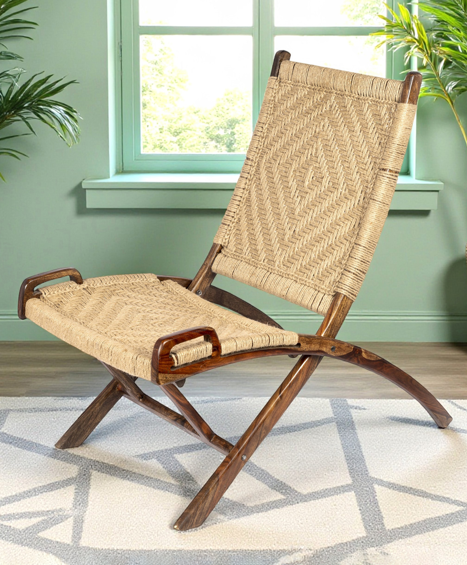 Ikiriya NatWest Sheesham Wood Vintage Relaxing Chair / Lounge Chair / Rocking Chair in Natural Jute Rope Canning-image-37