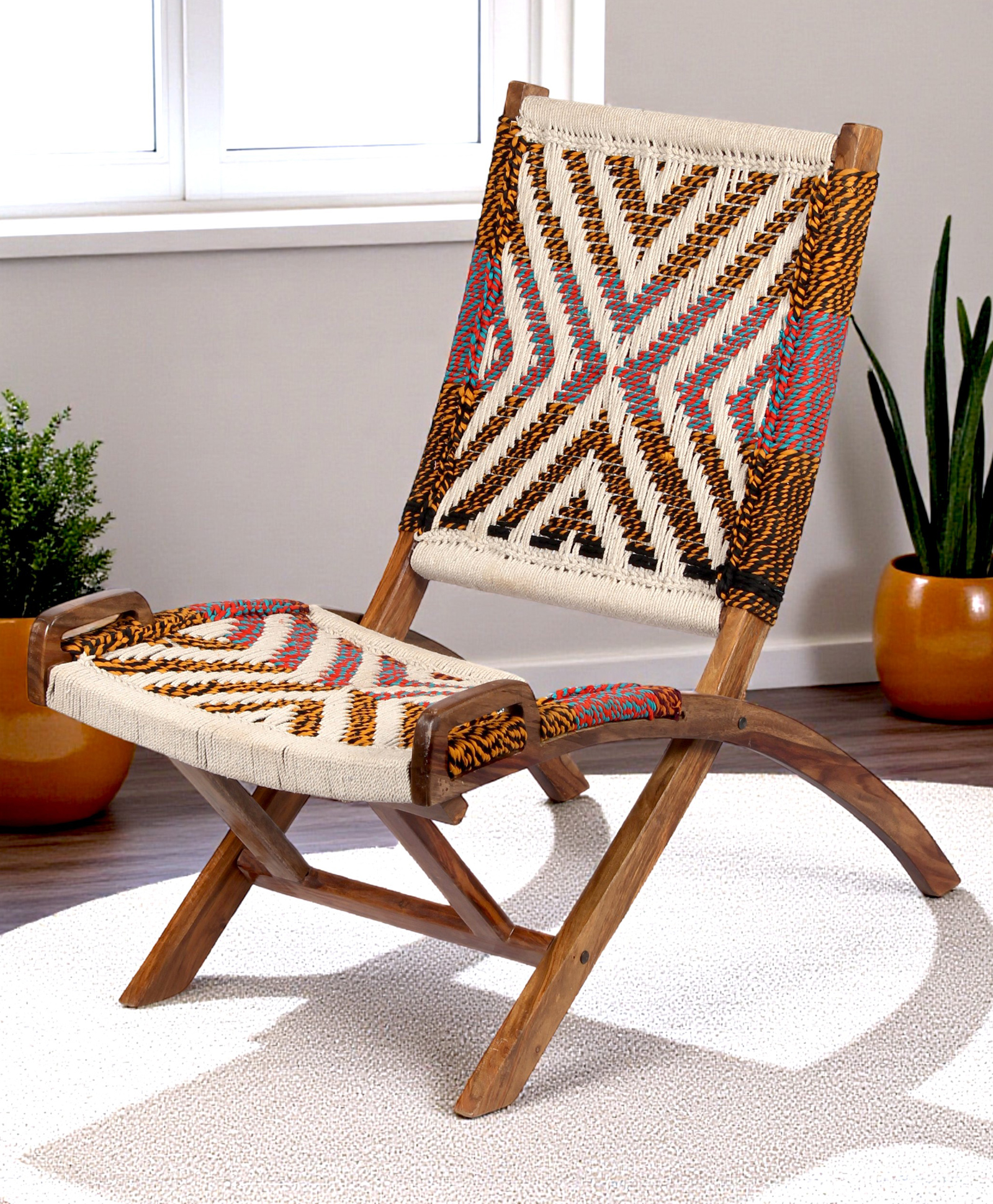 Ikiriya NatWest Sheesham Wood Vintage Relaxing Chair / Lounge Chair / Rocking Chair in Multi Colour Chindi & White Rope Canning-image-45