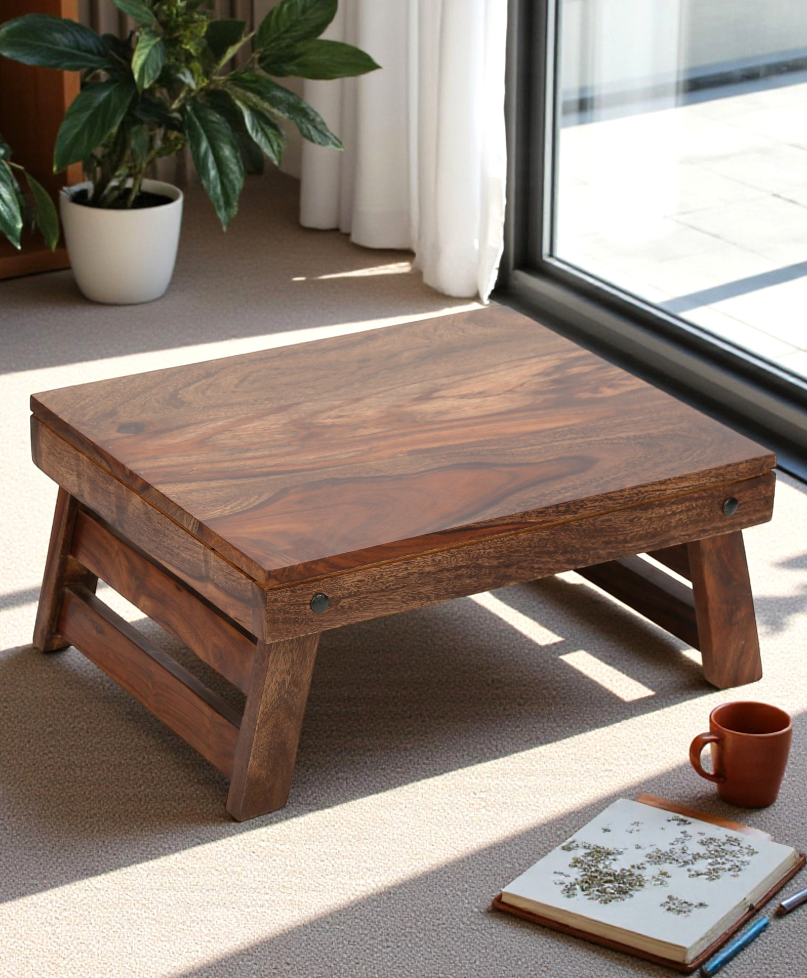 Ikiriya Ohio Sheesham Wood Contemporary Rectangle Folable Laptop Table in Teak Finish-image-21