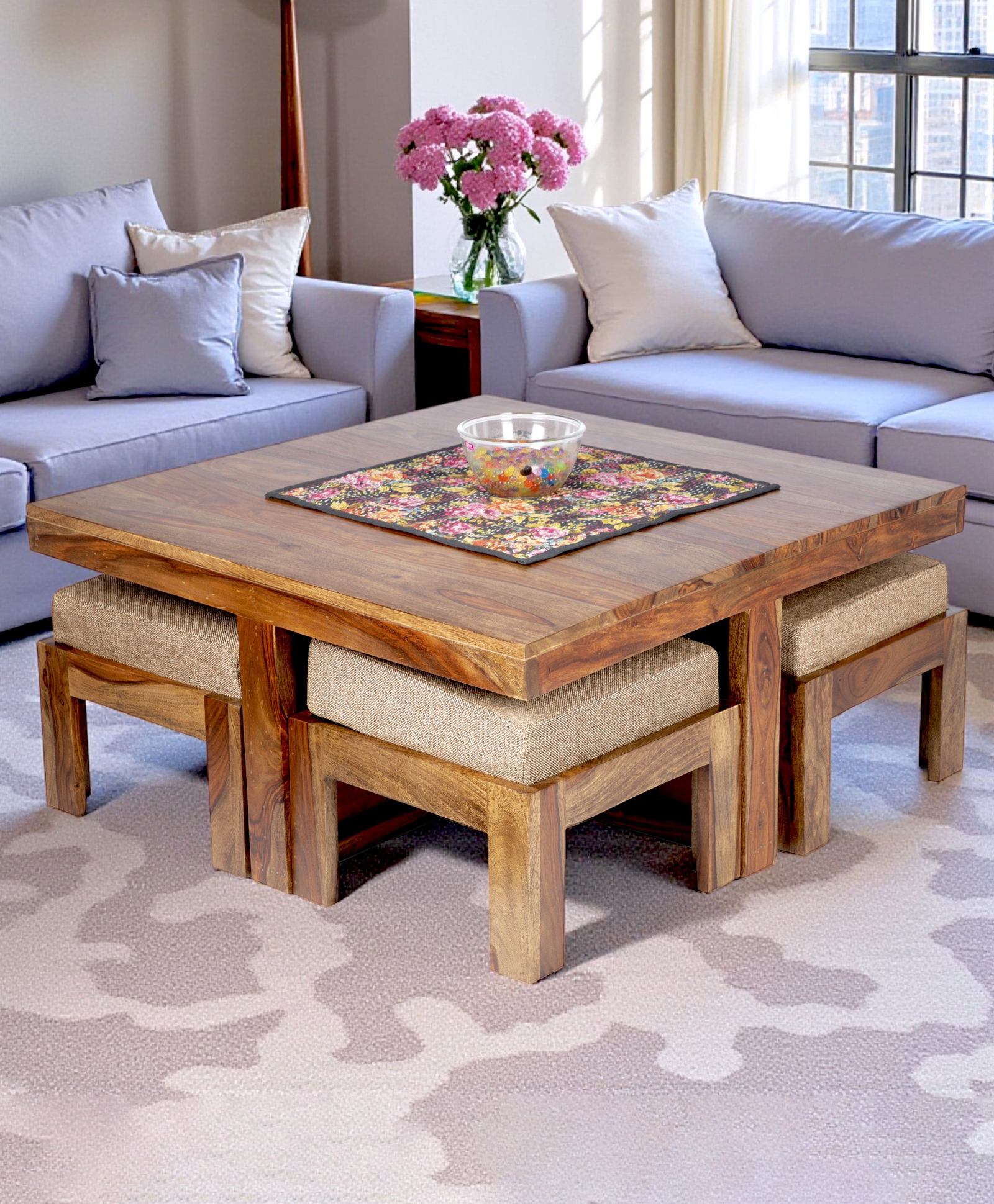 Ikiriya Blane Sheesham Wood Accent Coffee Table Set / Center Table / Sofa Table with 4 Stools in Teak Finish with Jute Beige Cushions-image-38